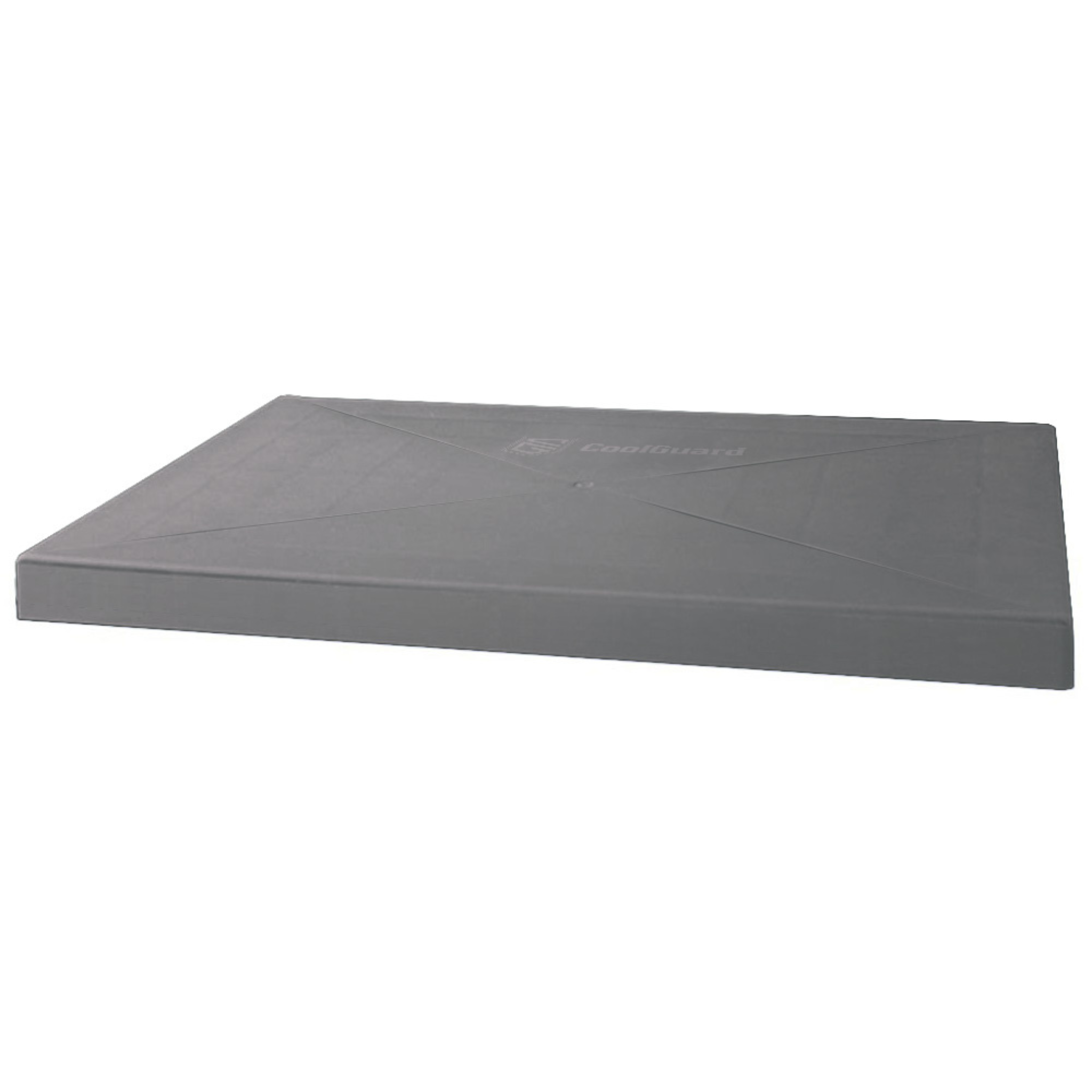 Angled side view of the CoolGuard EP04 18 x 38 x 3 inch gray HVAC equipment pad made from UV-resistant recycled polypropylene, providing a durable, weather-resistant foundation for mini split outdoor units, side discharge condensers, air conditioners, and heat pump systems.
