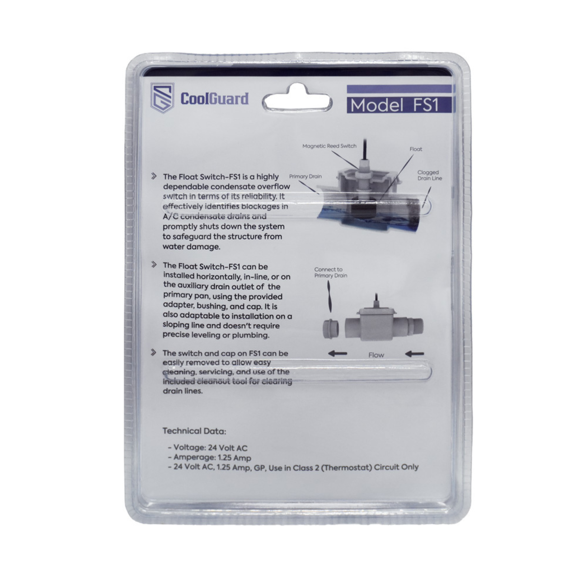 Rear view of the CoolGuard FS1 Inline Condensate Float Switch retail packaging showing installation diagrams, float switch operation, magnetic reed switch design, drain line flow direction, technical specifications, and cleaning instructions for 24VAC HVAC condensate overflow protection.