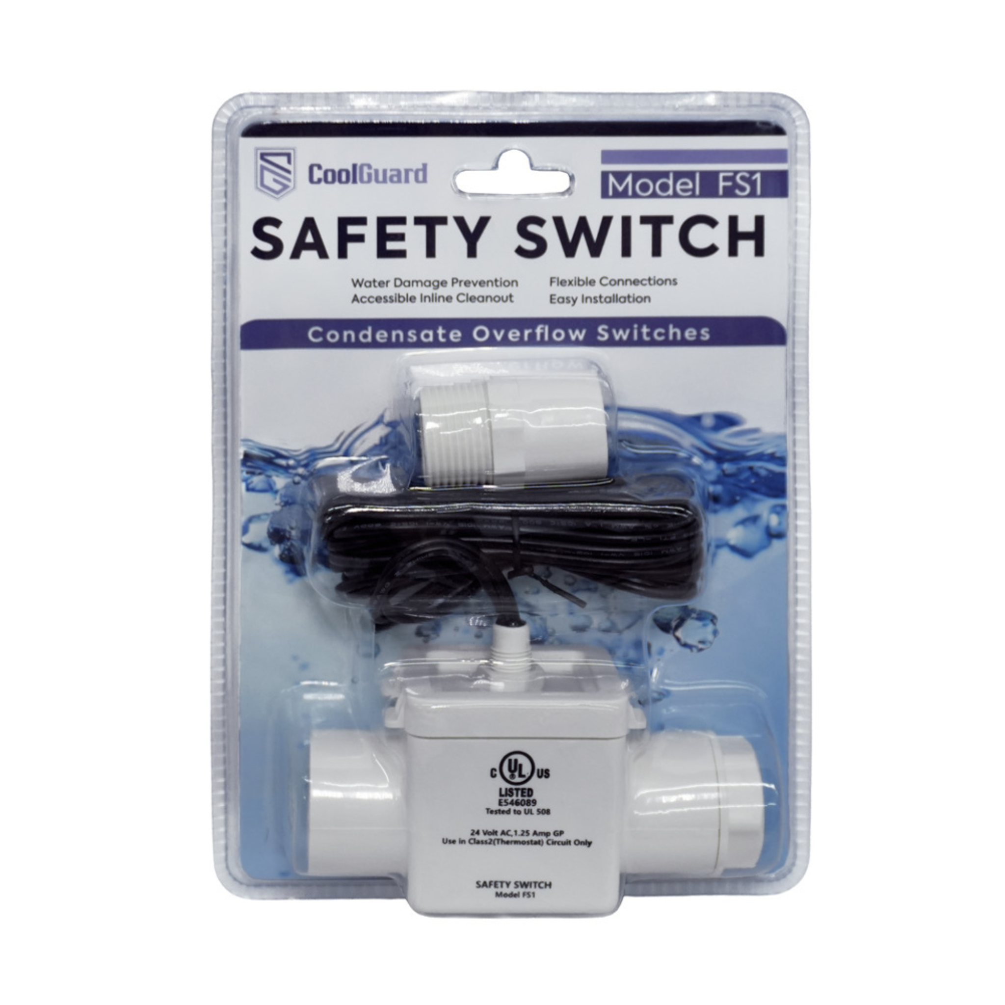Front view of the CoolGuard FS1 Inline Condensate Float Switch retail packaging showing the 24VAC overflow safety switch designed to automatically shut down HVAC systems when a clogged condensate drain is detected, helping prevent water damage to air handlers, furnaces, heat pumps, and air conditioning systems.