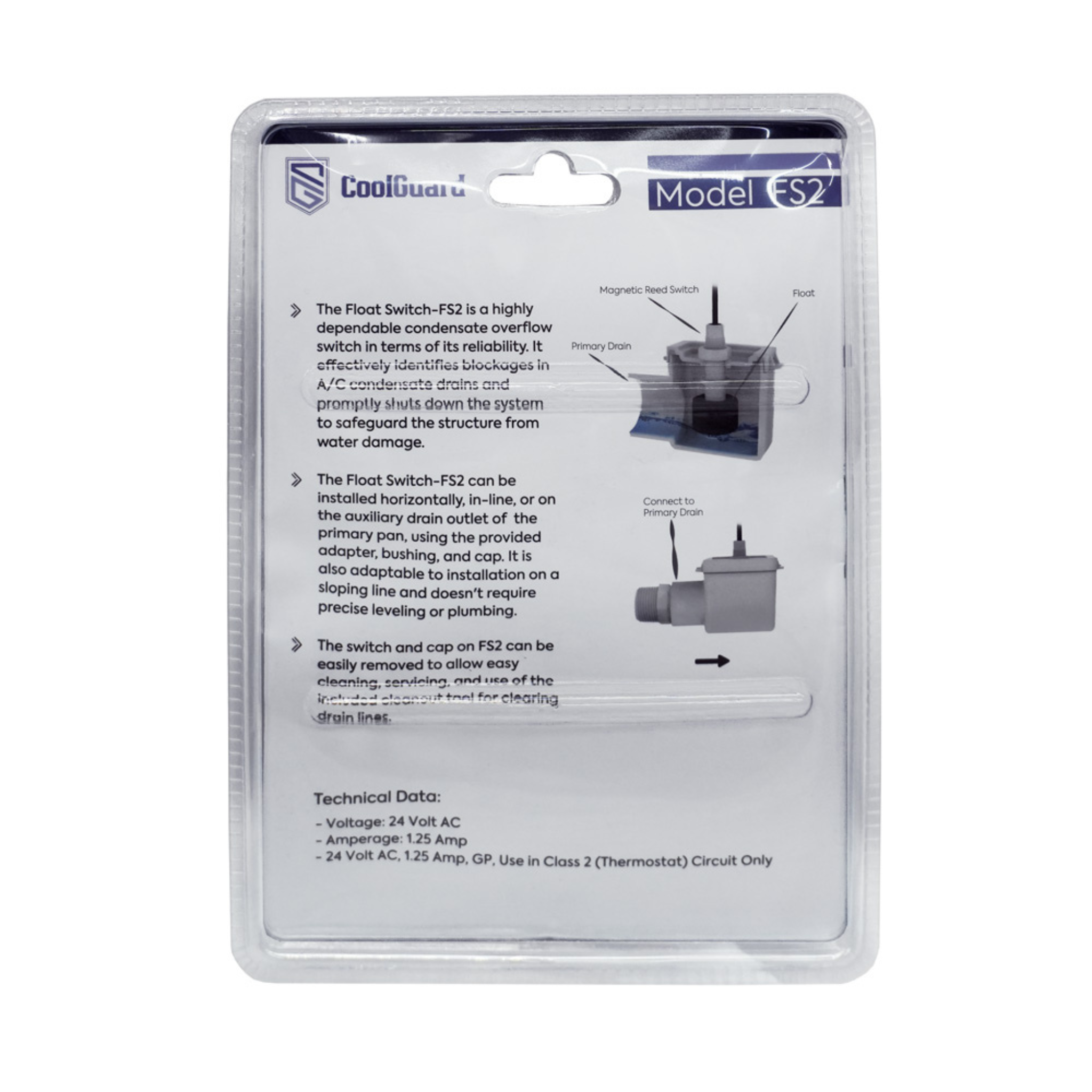 Rear view of the CoolGuard FS2 Horizontal Condensate Float Switch retail packaging showing installation diagrams, magnetic reed switch operation, horizontal primary drain connection, technical specifications, and cleaning instructions for 24VAC HVAC condensate overflow protection in air conditioners, heat pumps, and air handlers.