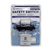 Front view of the CoolGuard FS2 Horizontal Condensate Float Switch retail packaging showing the 24VAC HVAC safety switch designed to detect clogged condensate drains and automatically shut down air conditioners, heat pumps, and air handlers to help prevent condensate overflow and costly water damage.