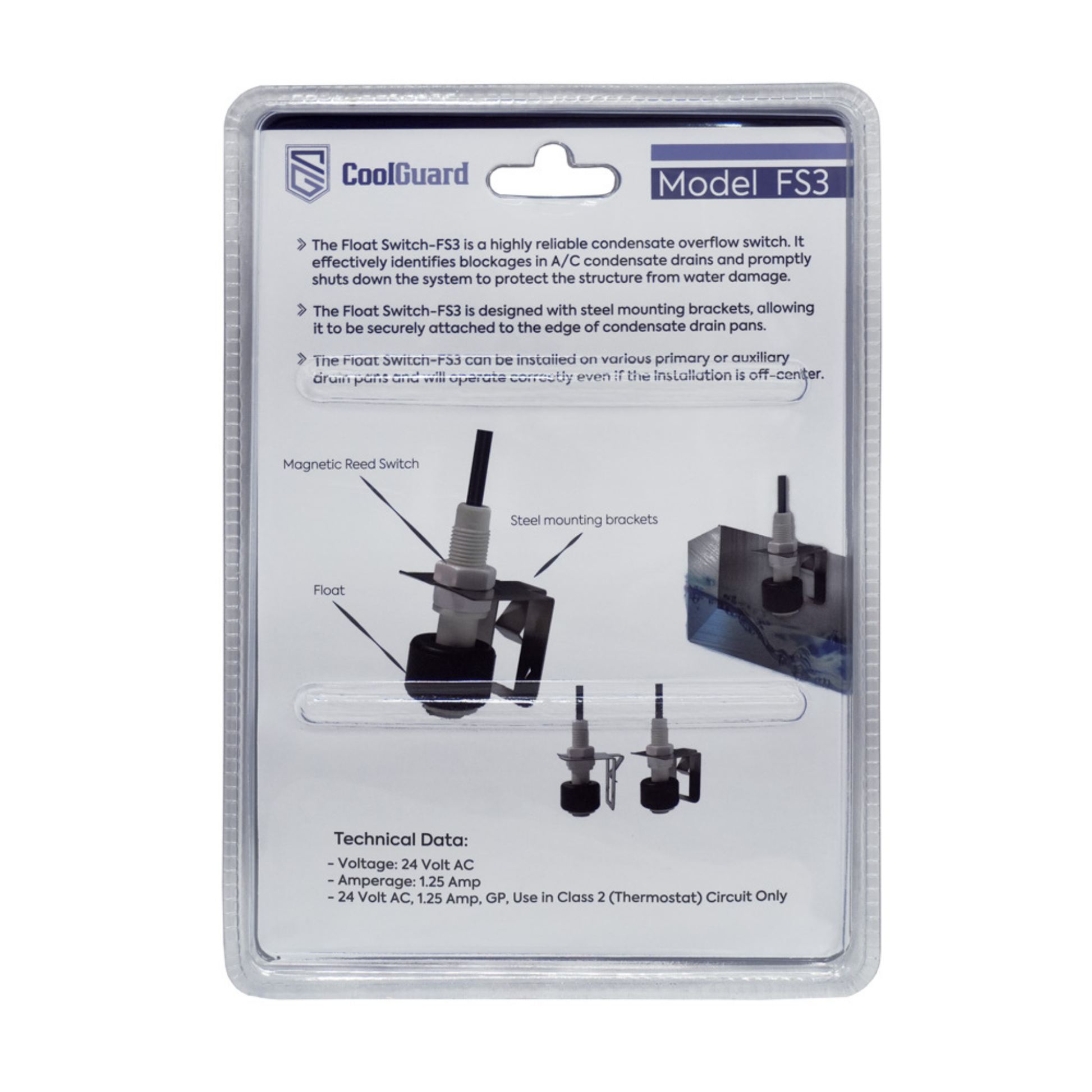 Rear view of the CoolGuard FS3 Drain Pan Float Switch retail packaging showing installation illustrations, mounting bracket details, float switch operation, wiring information, and 24VAC technical specifications for HVAC condensate drain pan overflow protection.