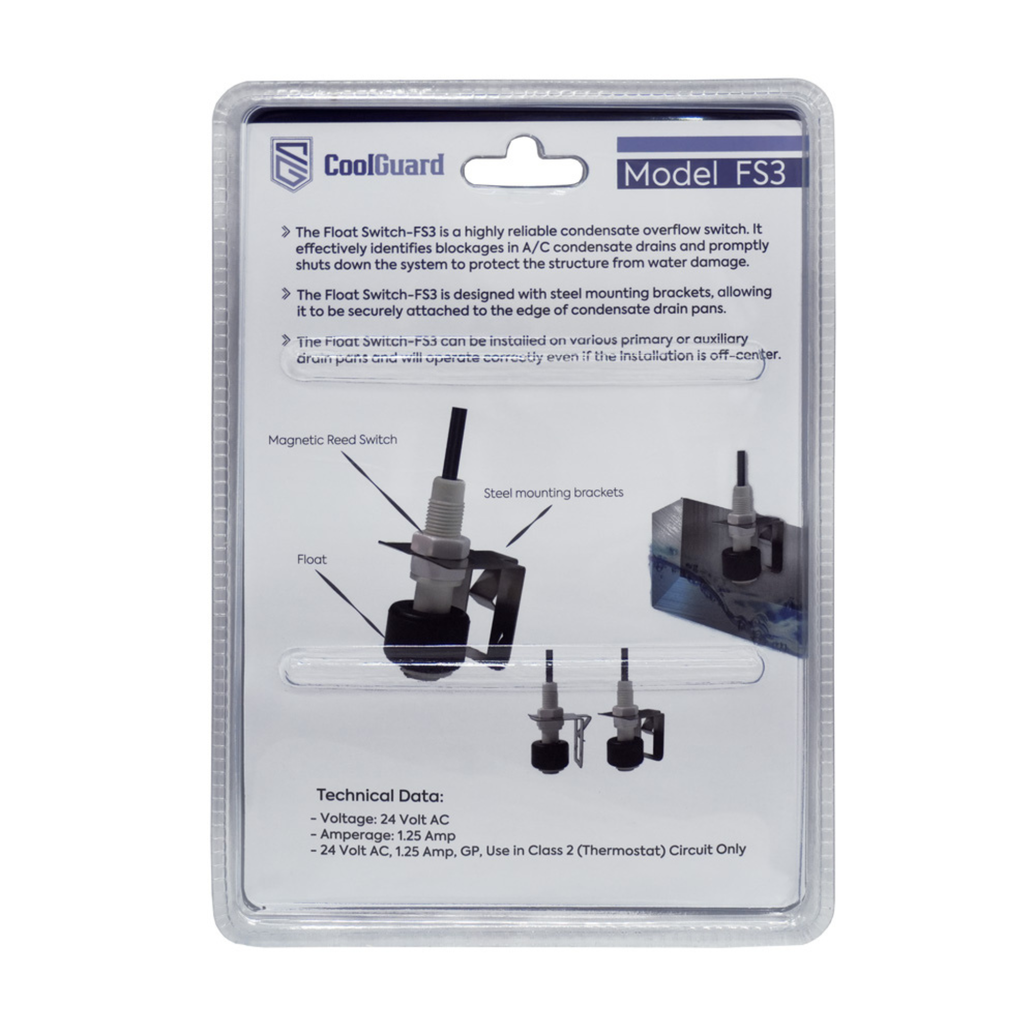 Rear view of the CoolGuard FS3 Drain Pan Float Switch retail packaging showing installation illustrations, mounting bracket details, float switch operation, wiring information, and 24VAC technical specifications for HVAC condensate drain pan overflow protection.