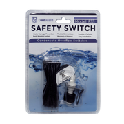 Front view of the retail packaging for the CoolGuard FS3 Drain Pan Float Switch, a 24VAC condensate overflow safety switch designed to detect clogged drain pans and automatically shut down HVAC systems to help prevent water damage in air conditioners, heat pumps, furnaces, and air handlers.