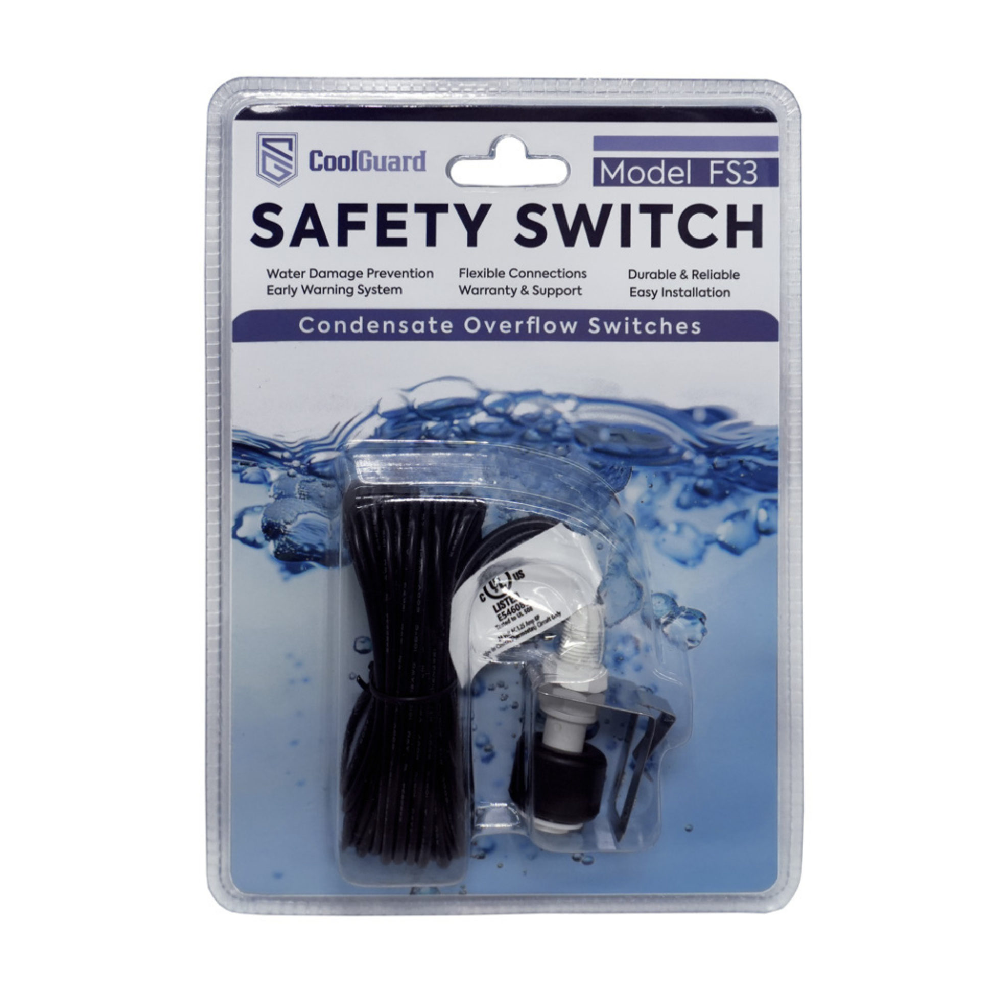 Front view of the retail packaging for the CoolGuard FS3 Drain Pan Float Switch, a 24VAC condensate overflow safety switch designed to detect clogged drain pans and automatically shut down HVAC systems to help prevent water damage in air conditioners, heat pumps, furnaces, and air handlers.
