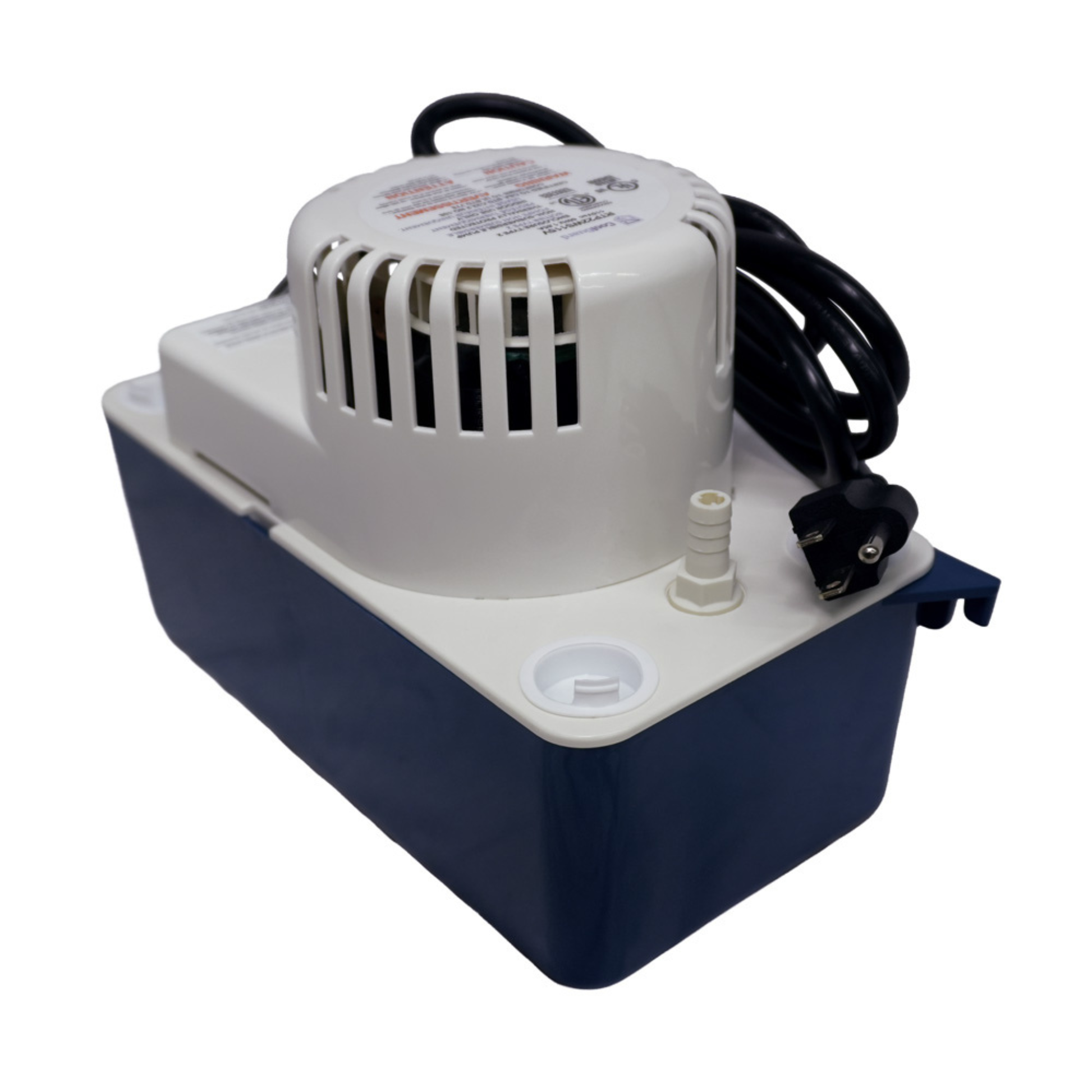 Angled front view of the CoolGuard RTP22WS115V high profile condensate pump with 145 GPH pumping capacity, 22-foot lift, 0.6-gallon condensate reservoir, 115V power connection, and durable housing for mini split systems, air handlers, furnaces, fan coils, and heat pumps.