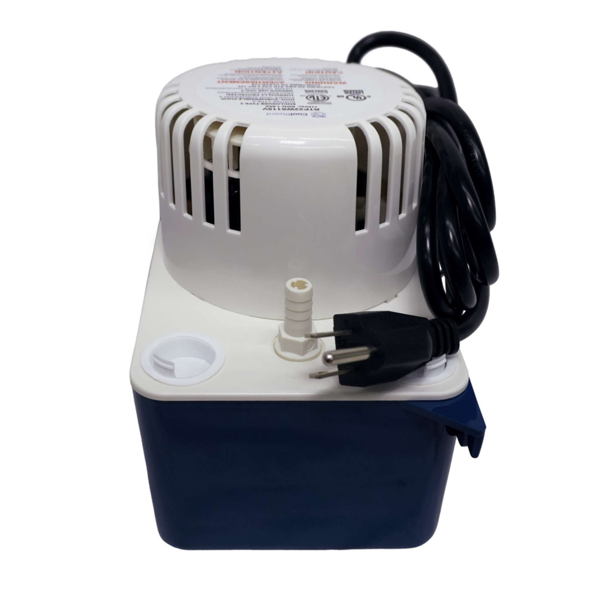 Front view of the CoolGuard RTP22WS115V high profile condensate pump featuring a 145 GPH pumping capacity, 22-foot lift, 0.6-gallon condensate reservoir, 115V power connection, discharge outlet, and quiet operation for mini split systems, air handlers, furnaces, fan coils, and heat pumps.