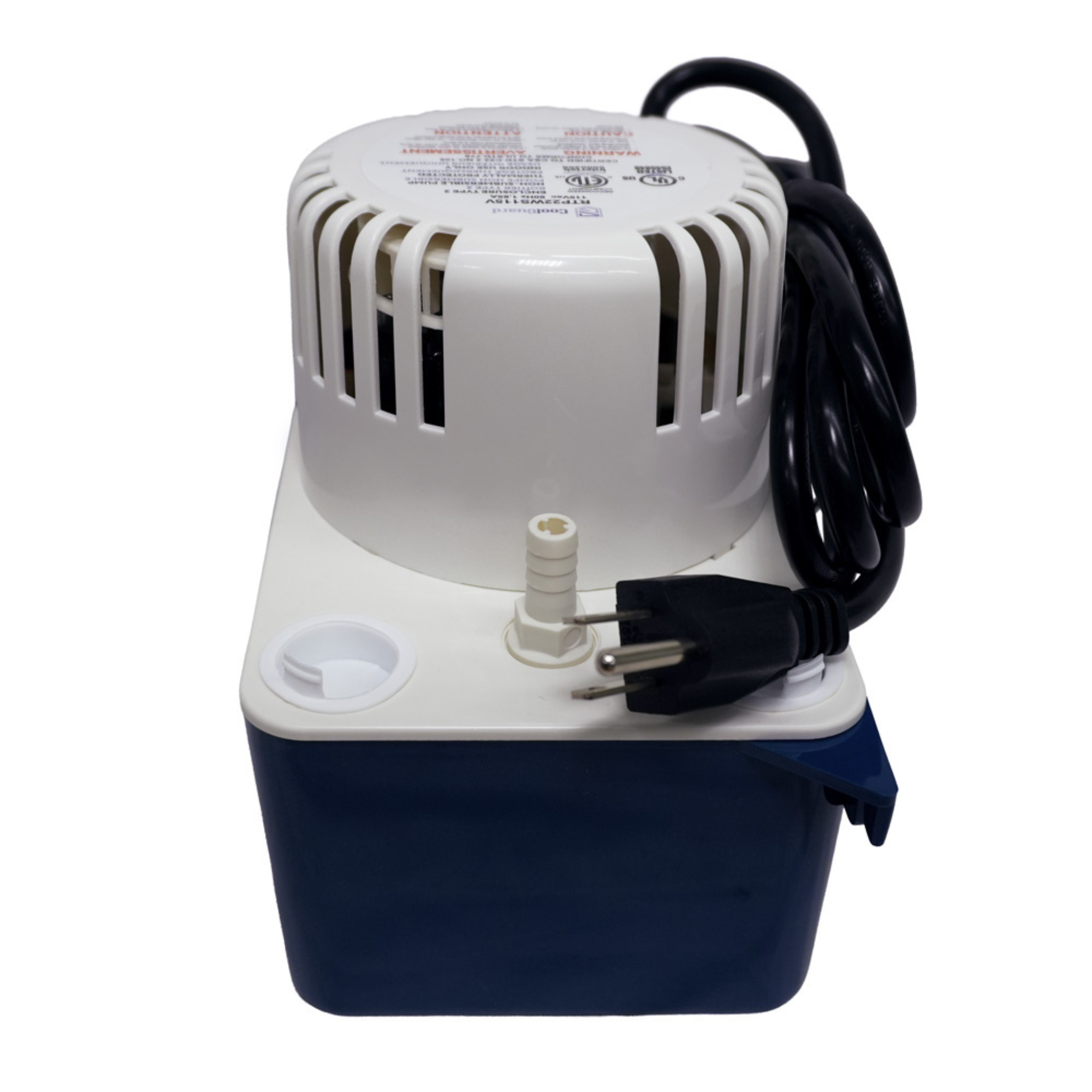Front view of the CoolGuard RTP22WS115V high profile condensate pump featuring a 145 GPH pumping capacity, 22-foot lift, 0.6-gallon condensate reservoir, 115V power connection, discharge outlet, and quiet operation for mini split systems, air handlers, furnaces, fan coils, and heat pumps.