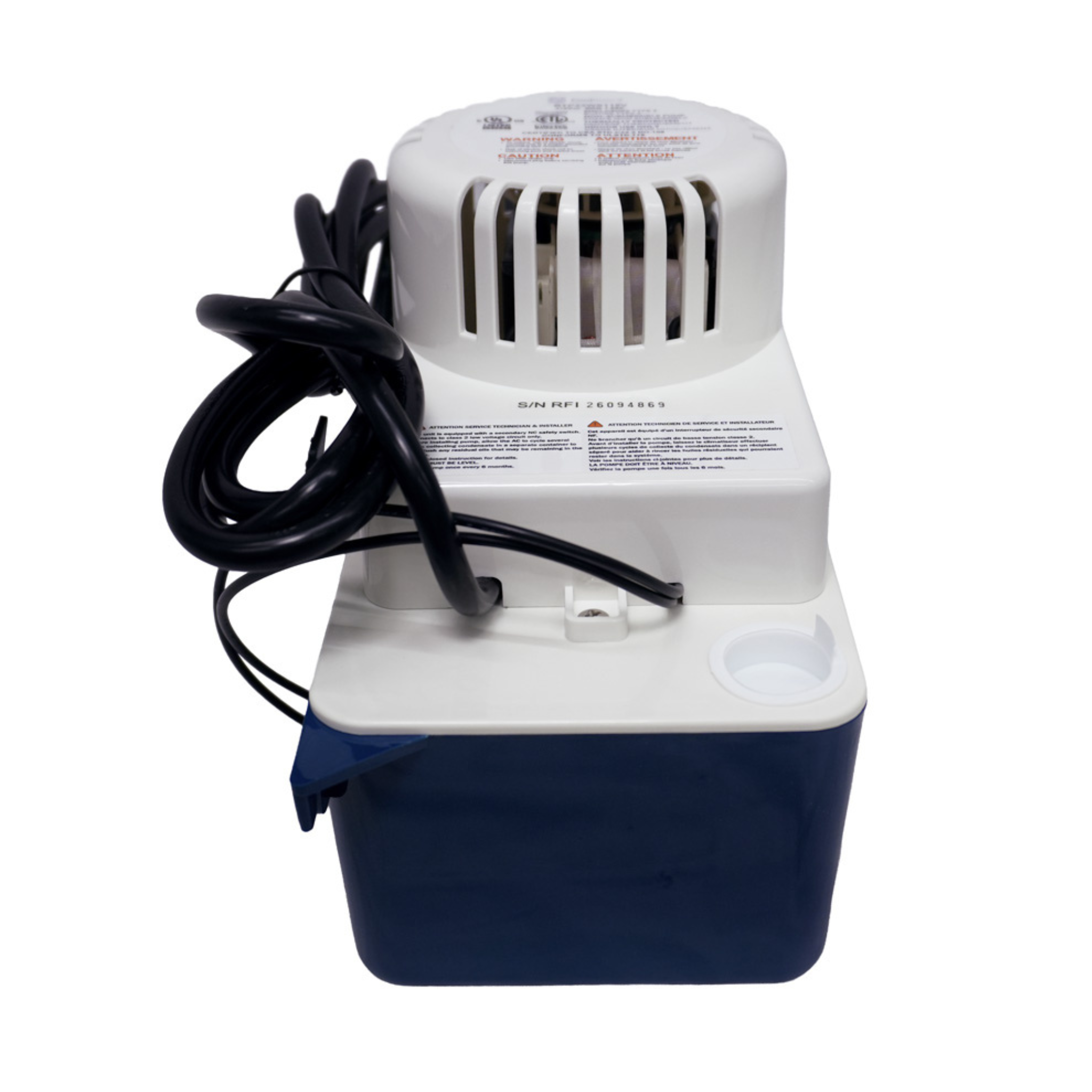 Rear view of the CoolGuard RTP22WS115V high profile condensate pump showing the 0.6-gallon condensate reservoir, 115V power cord, discharge outlet, and heavy-duty housing for mini split, air handler, furnace, and heat pump condensate removal.