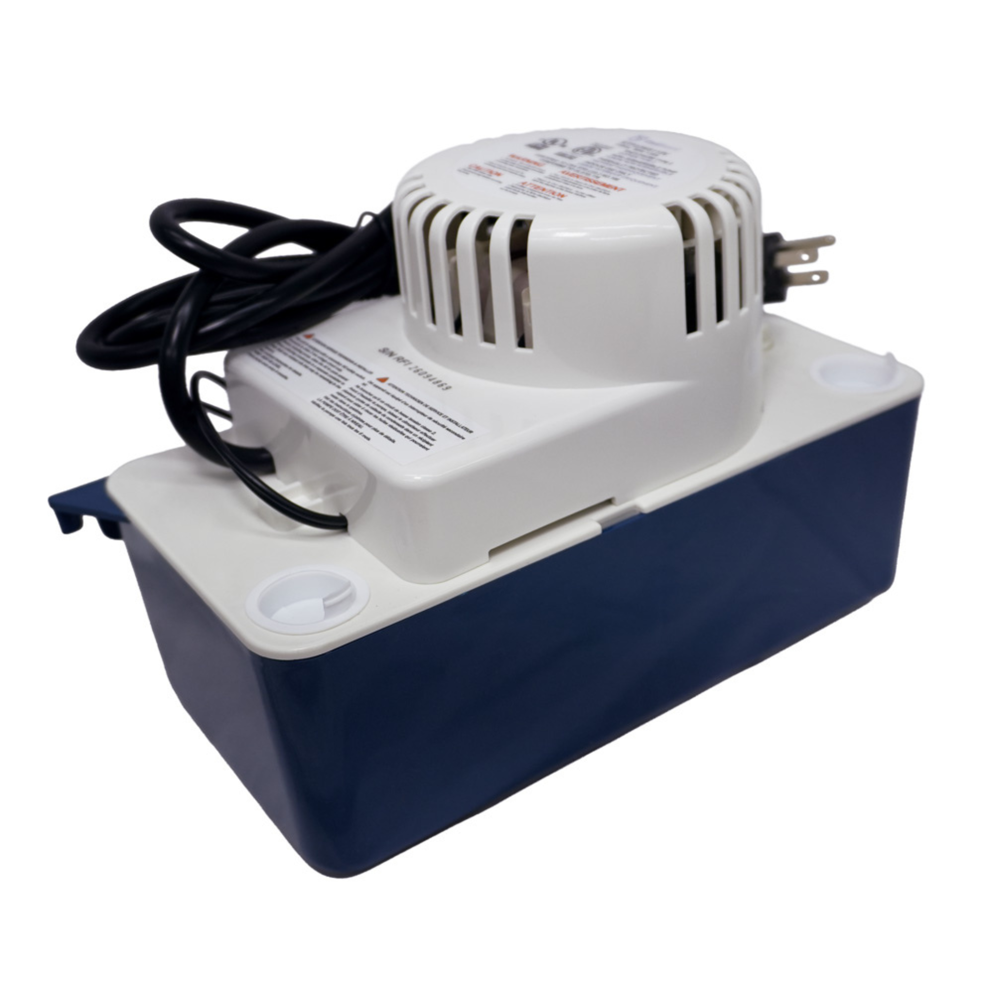 Angled rear view of the CoolGuard RTP22WS115V high profile condensate pump showing the 0.6-gallon reservoir, 115V power cord, motor housing, discharge ports, and durable construction for mini split, air handler, furnace, and heat pump condensate removal with 145 GPH capacity and 22-foot lift.