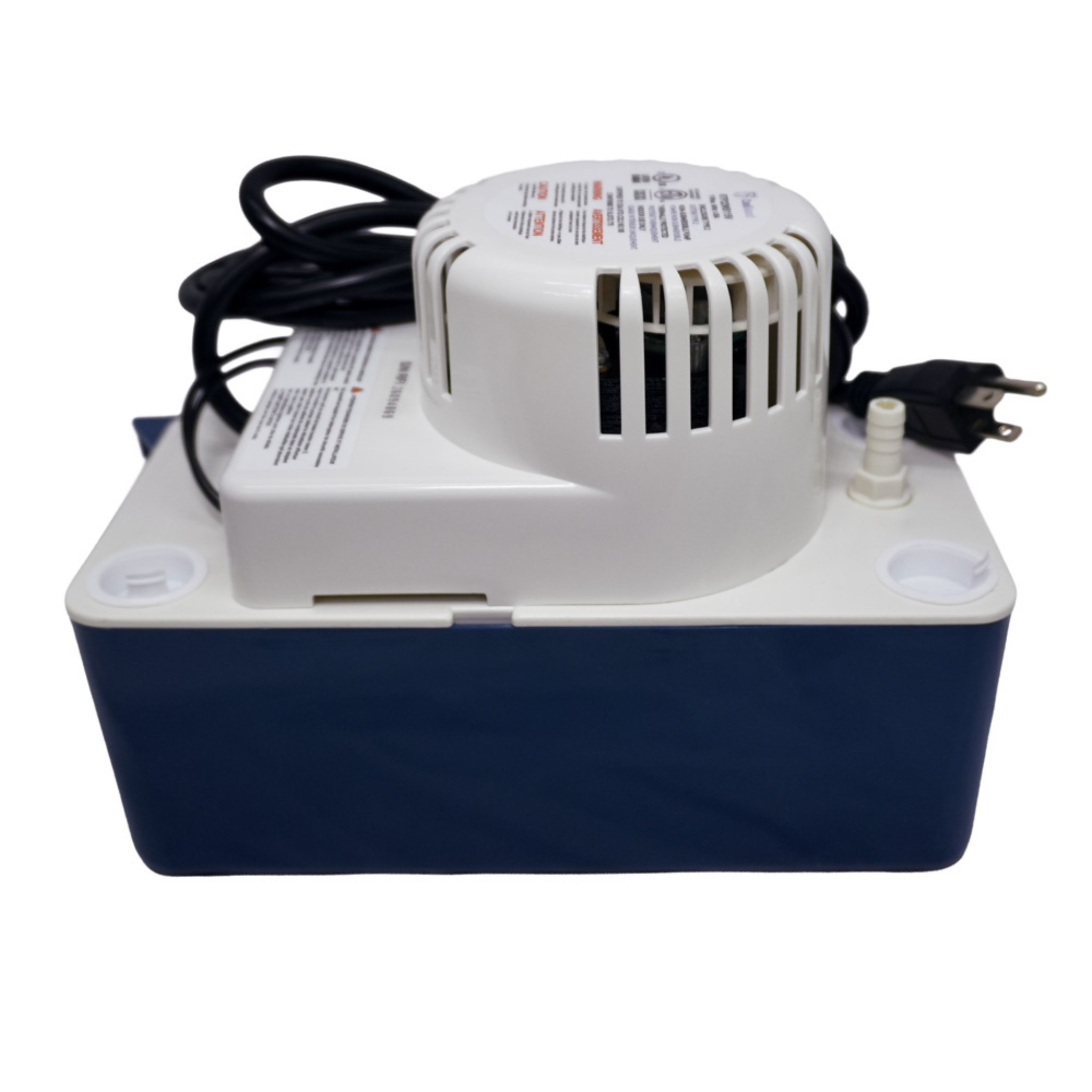 Side view of the CoolGuard RTP22WS115V high profile condensate pump featuring a 145 GPH pumping capacity, 22-foot lift, 0.6-gallon condensate reservoir, 115V power connection, and durable housing for mini split, air handler, furnace, and heat pump condensate removal.