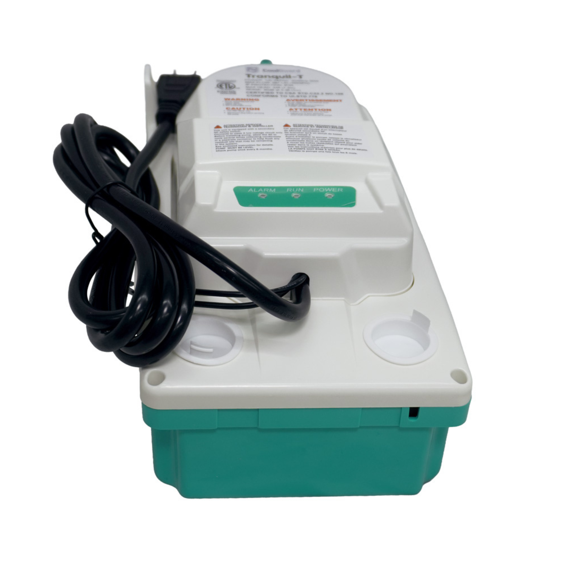 Front view of the CoolGuard TMT24WS100 Tranquil T condensate pump showing the LED status indicator panel with Alarm, Run, and Power lights, automatic optical-level sensor, four 1-inch inlet ports, quiet operation under 30 dBA, universal 100–240V power, and 24-foot maximum lift for mini split systems, air handlers, fan coils, heat pumps, and HVAC condensate removal.