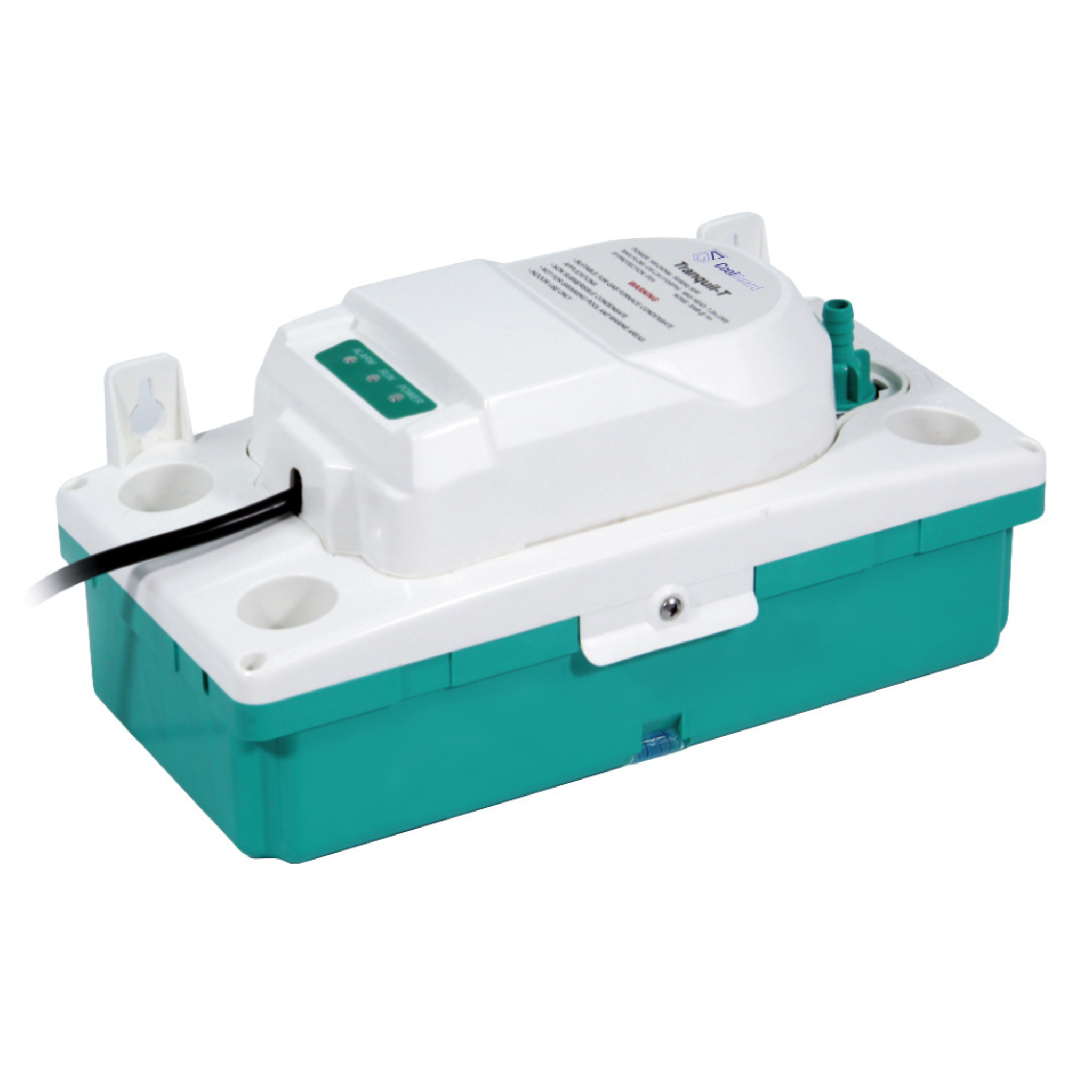 Rear angled view of the CoolGuard TMT24WS100 Tranquil T condensate pump showing the automatic optical-level sensor, LED status indicators, four 1-inch inlet ports, removable 3/8-inch barbed check valve, 24-foot maximum lift, universal 100–240V power, and compact low-noise design for mini split systems, air handlers, fan coils, heat pumps, and HVAC condensate removal.