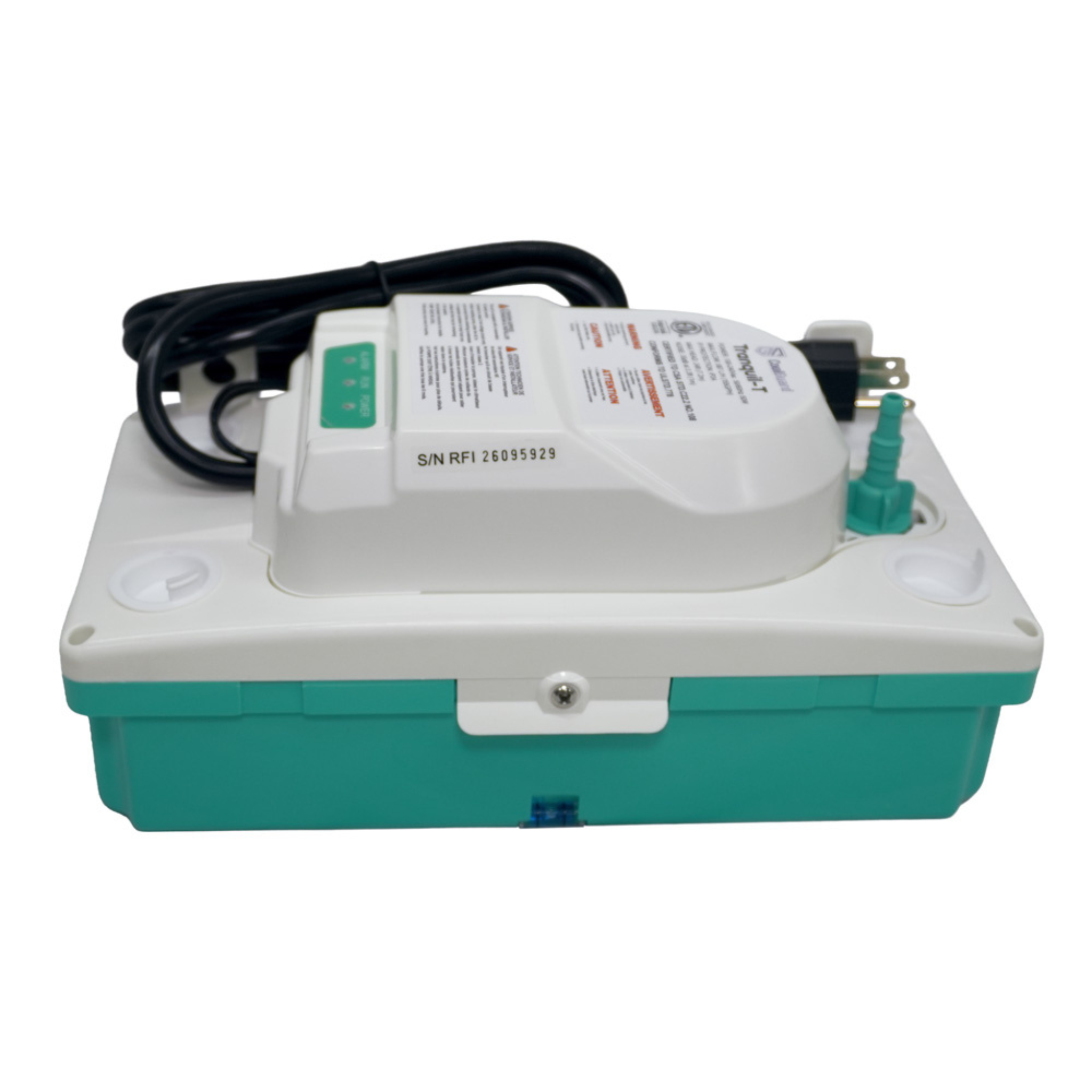 Side profile of the CoolGuard TMT24WS100 Tranquil T condensate pump featuring automatic optical-level sensor technology, universal 100–240V operation, 24-foot maximum lift, ultra-quiet operation under 30 dBA, integrated LED status indicators, removable discharge fitting, and condensate reservoir for mini split systems, air handlers, fan coils, heat pumps, and HVAC equipment.