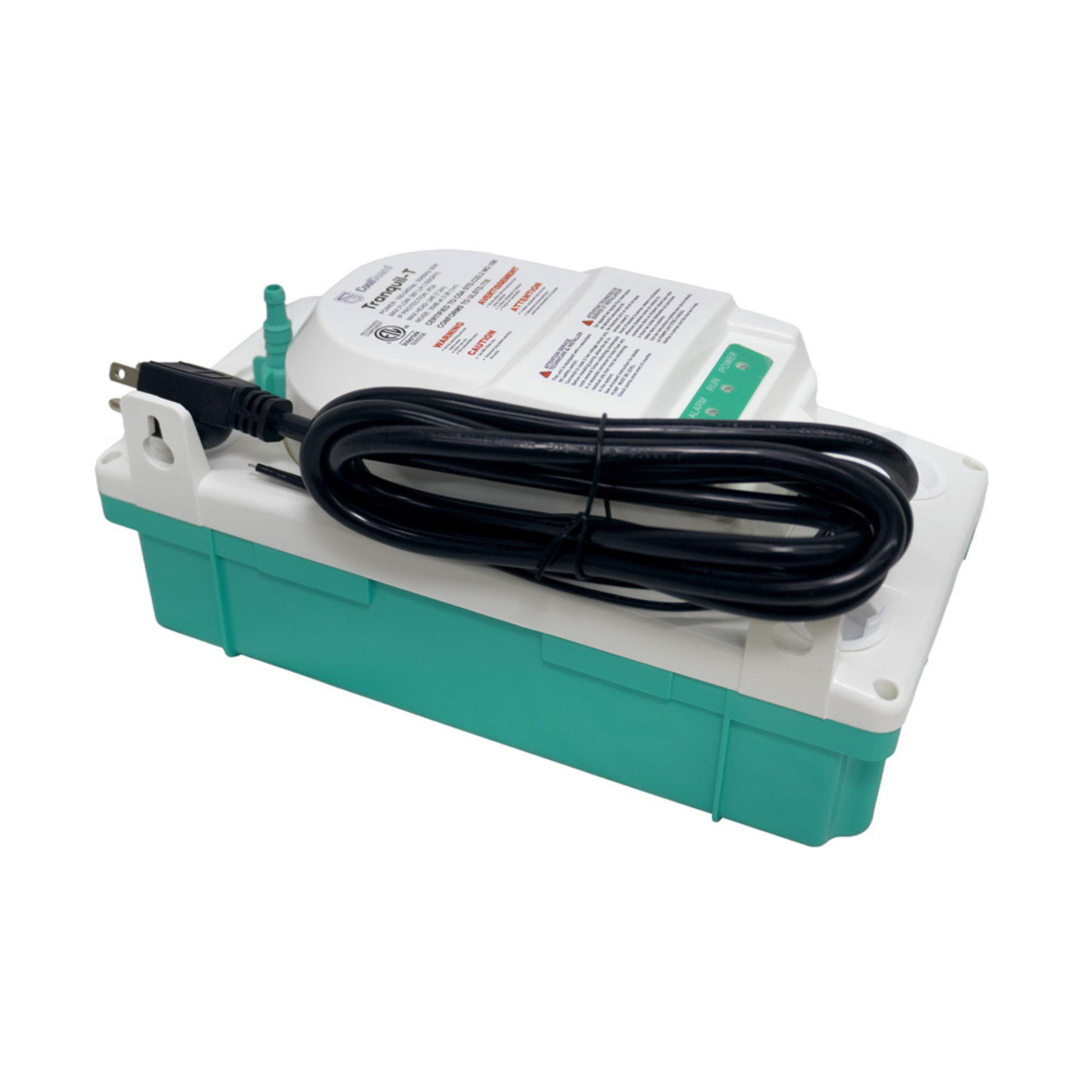 Top angled view of the CoolGuard TMT24WS100 Tranquil T condensate pump featuring an automatic optical-level sensor, Alarm/Run/Power LED status indicators, universal 100–240V operation, removable 3/8-inch barbed check valve, 24-foot maximum lift, and quiet condensate removal for mini split systems, air handlers, fan coils, heat pumps, and HVAC equipment.