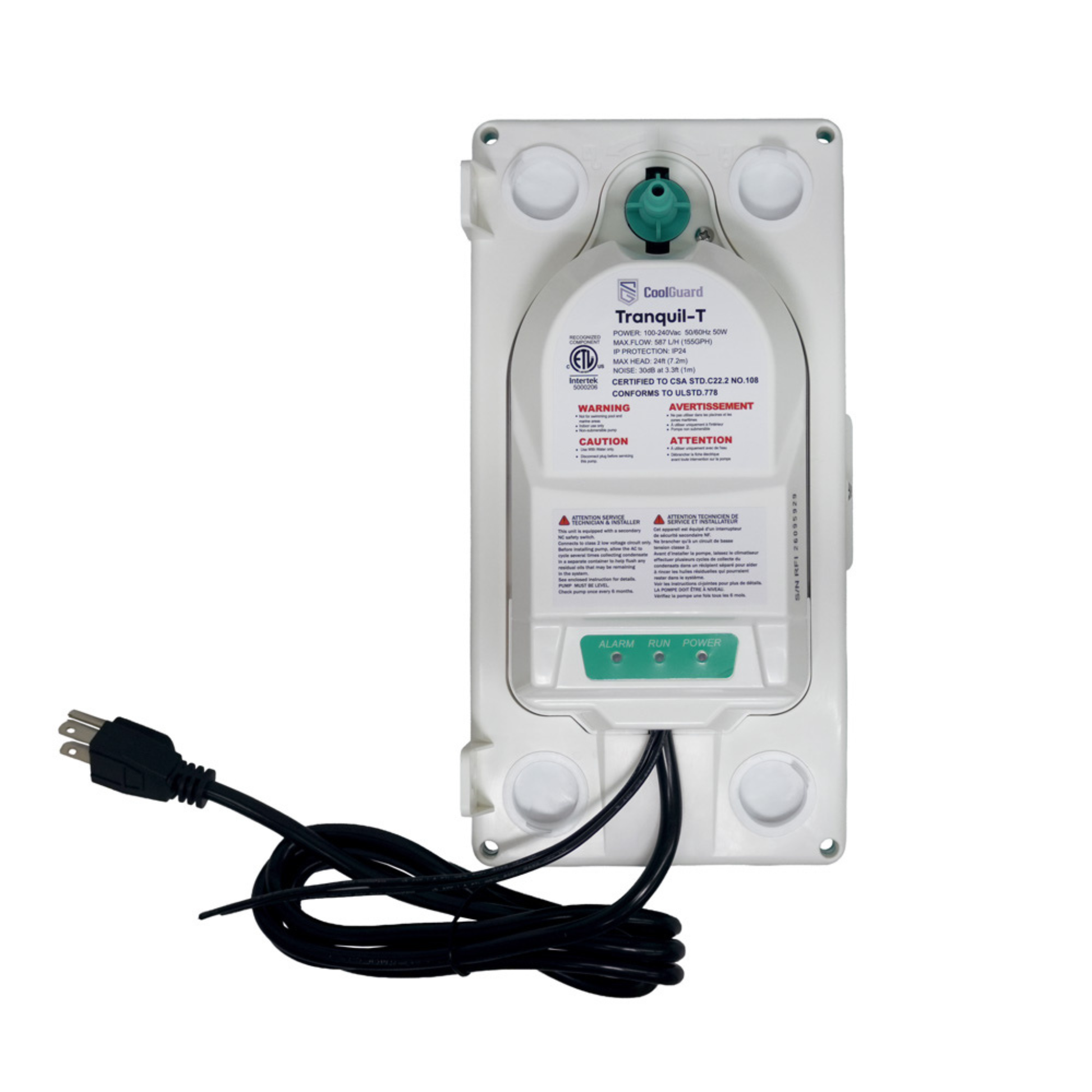 Top view of the CoolGuard TMT24WS100 Tranquil T condensate pump showing the automatic optical-level sensor, Alarm/Run/Power LED status indicators, four 1-inch inlet ports, universal 100–240V power, 24-foot maximum lift, and ETL-listed design for mini split systems, air handlers, fan coils, heat pumps, and HVAC condensate removal.