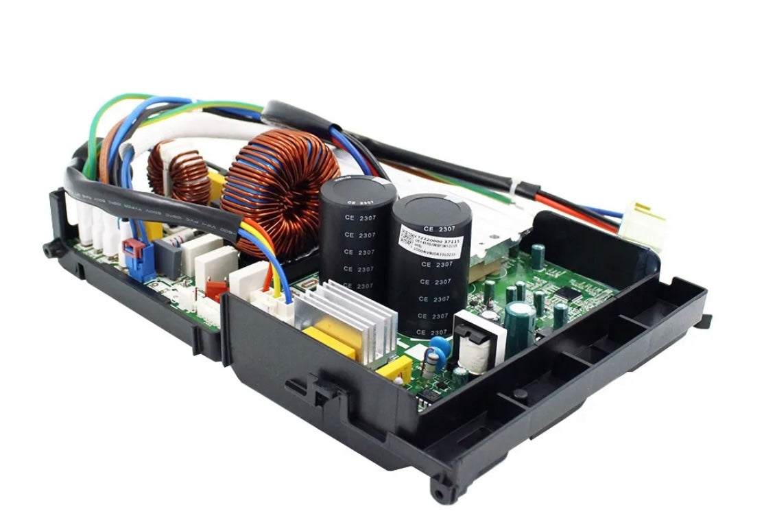Genuine MRCOOL 24K outdoor condenser control board, OEM part 17222000037115, for DIY-24-HP-C-230C25 heat pump, angled wiring-side view showing copper coils, capacitors, heat sink, circuit board, and electrical connectors.