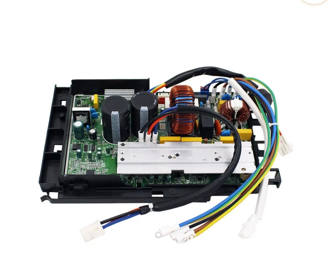 Genuine MRCOOL 24K outdoor condenser control board, OEM part 17222000037115, for DIY-24-HP-C-230C25 heat pump, top view showing circuit board, capacitors, copper coils, heat sink, and wiring connections.