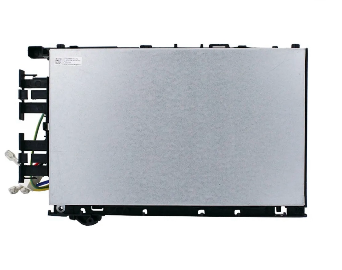 Genuine MRCOOL replacement control board part 17222000035625 for A-18-HP-C-230B ductless heat pump condenser, flat bottom view showing silver metal protective housing, black mounting frame, and electrical wiring connectors.