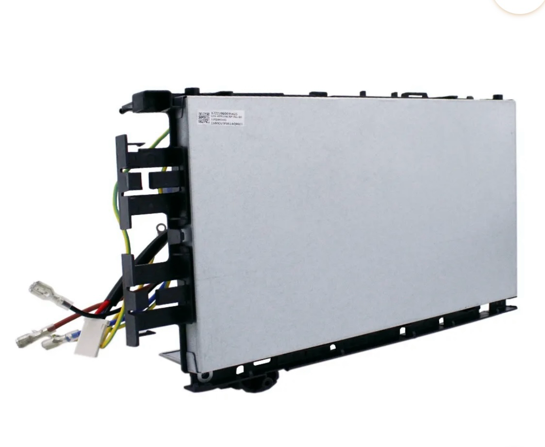 Genuine MRCOOL replacement control board part 17222000035625 for A-18-HP-C-230B ductless heat pump condenser, bottom view showing silver metal protective housing, black mounting frame, and electrical wiring connectors.
