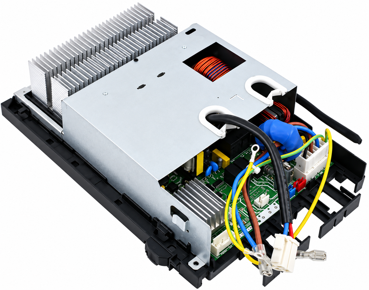 Genuine MRCOOL outdoor condenser control board part 17222000035625 for A-18-HP-C-230B ductless heat pump, angled view showing electronic circuit board, aluminum heat sinks, metal housing, and wiring connectors.