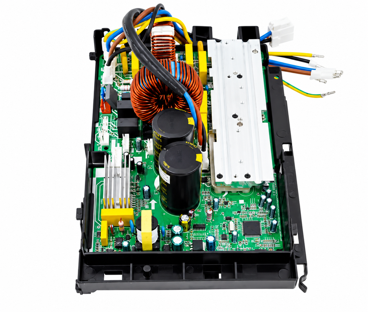 Genuine MRCOOL electronic control box subassembly, part 17222000035619, for A-24-HP-C-230B heat pump condenser, top view showing circuit board, capacitors, copper coils, wiring, and heat sinks.