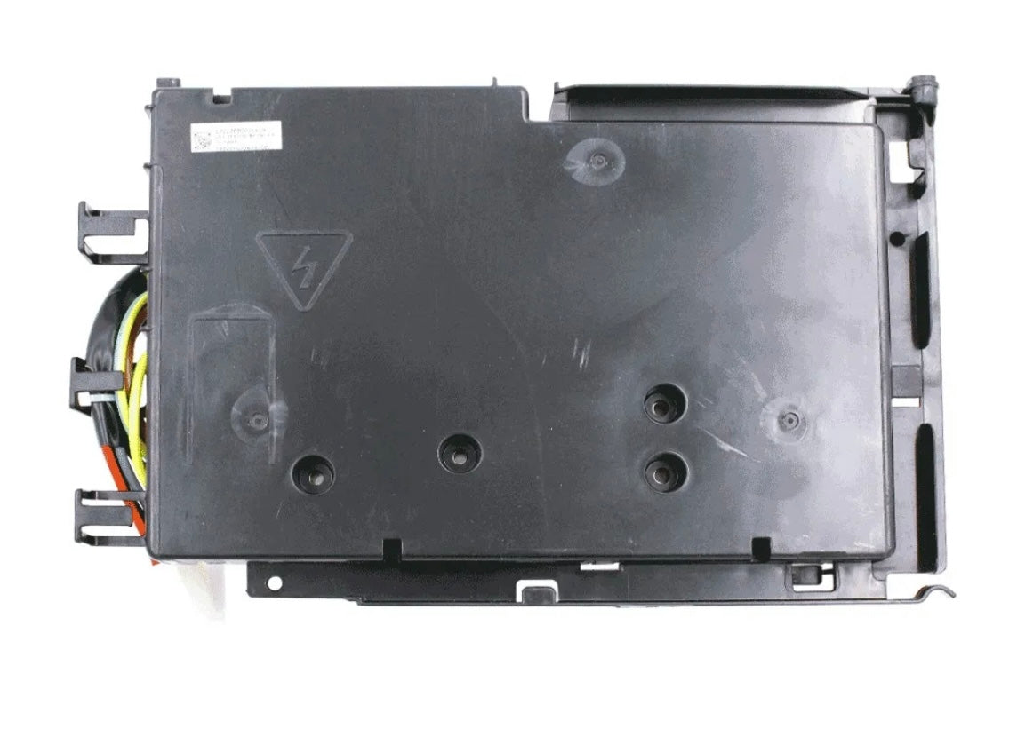Genuine MRCOOL electronic control box subassembly, part 17222000035619, for A-24-HP-C-230B heat pump condenser, rear view showing black protective housing, mounting brackets, and electrical wiring.