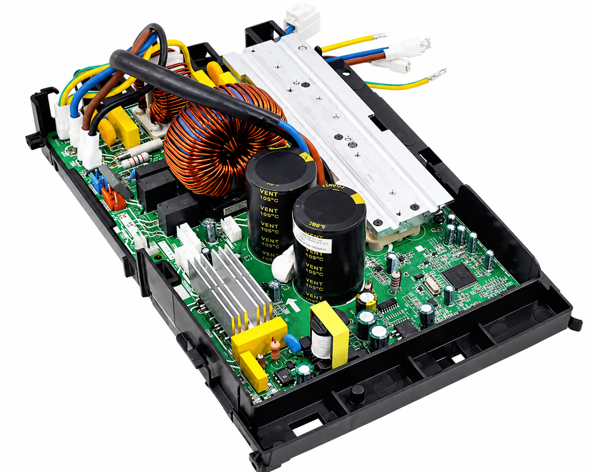 Angled view of MRCOOL OEM electronic control box subassembly, part 17222000035619, for A-24-HP-C-230B 24,000 BTU heat pump condenser, showing internal circuit board, copper coils, capacitors, aluminum heat sinks, and wiring connectors.