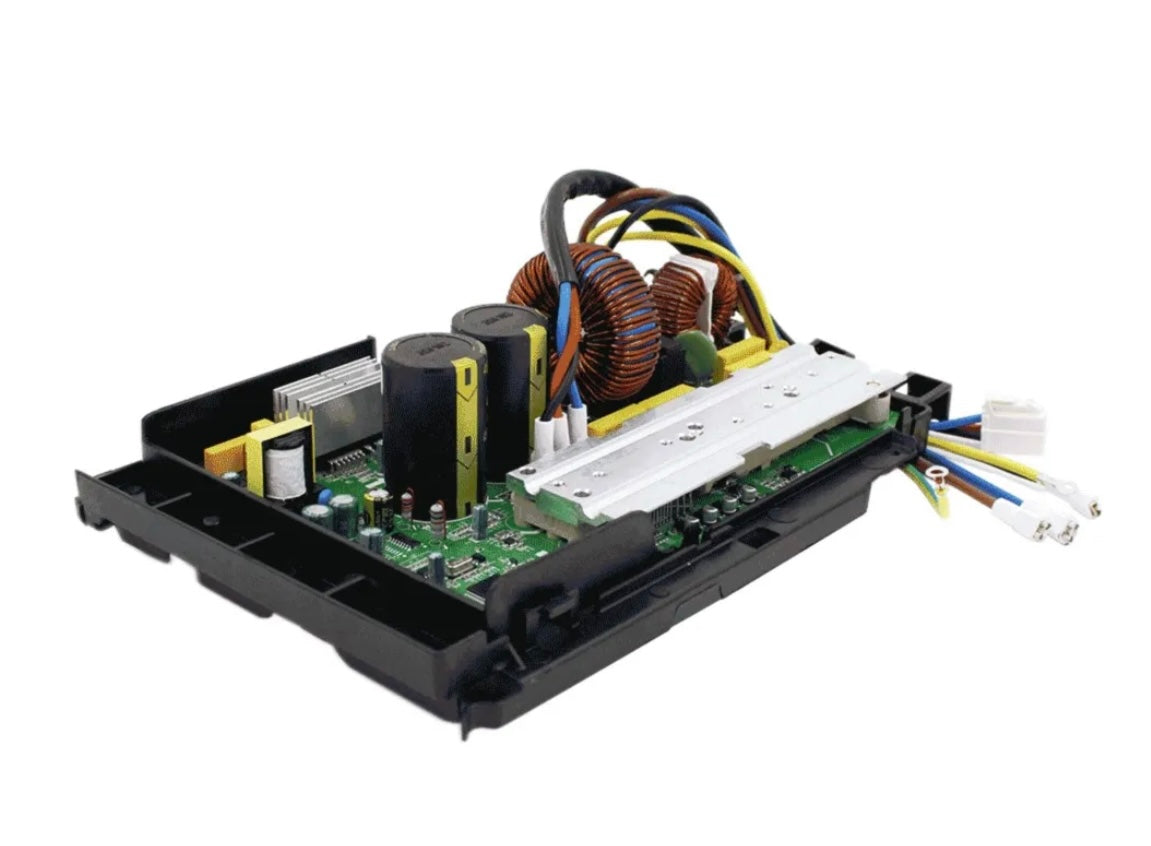 Genuine MRCOOL electronic control box subassembly, part 17222000035619, for A-24-HP-C-230B heat pump condenser, angled side view showing circuit board, capacitors, copper coils, heat sink, and wiring connections.