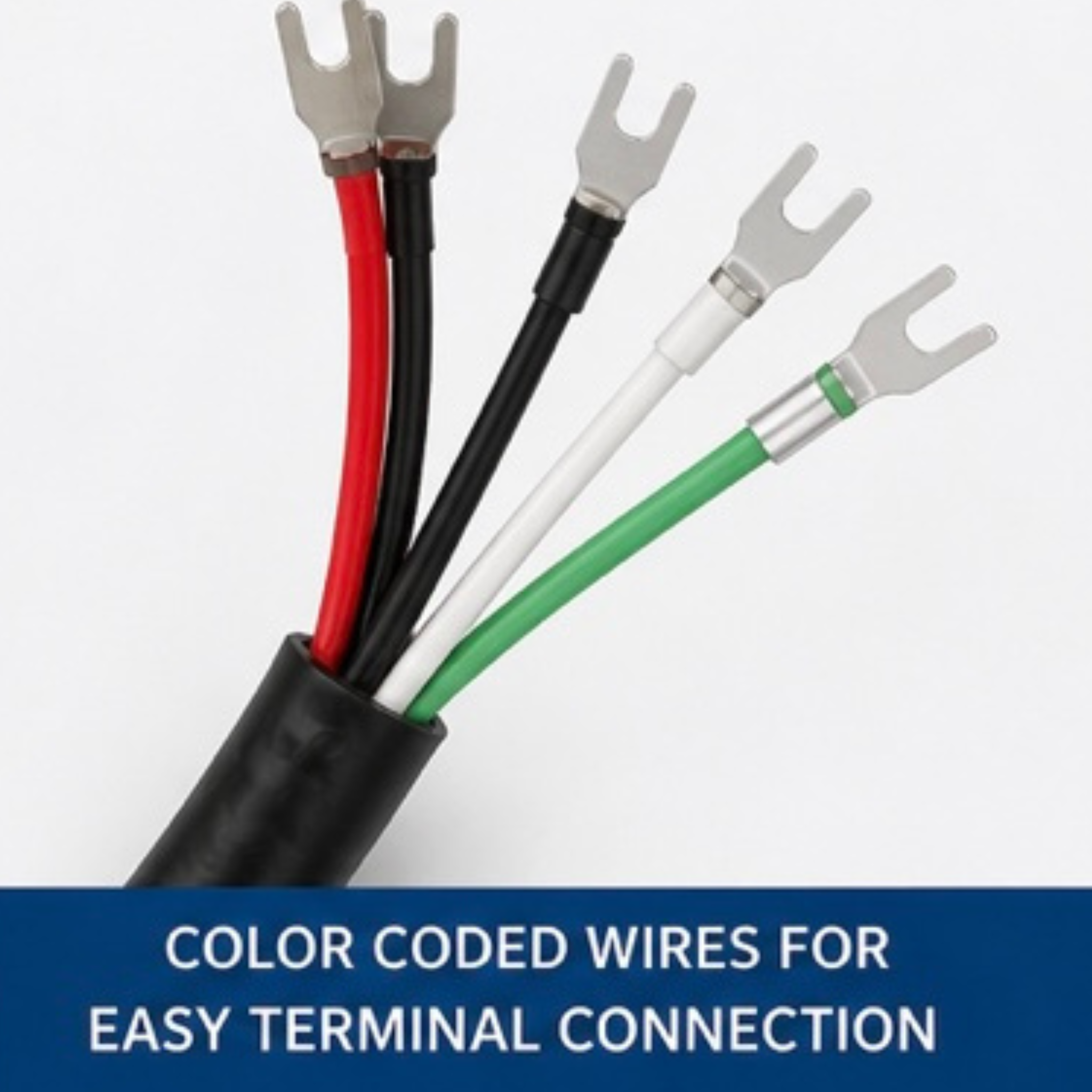 Close-up of MRCOOL color-coded communication wire showing red, black, white, and green conductors with fork terminal connectors. Designed for DIY mini split air conditioner and heat pump installations, providing simple, secure wiring between indoor units and outdoor condensers in single-zone and multi-zone HVAC systems.