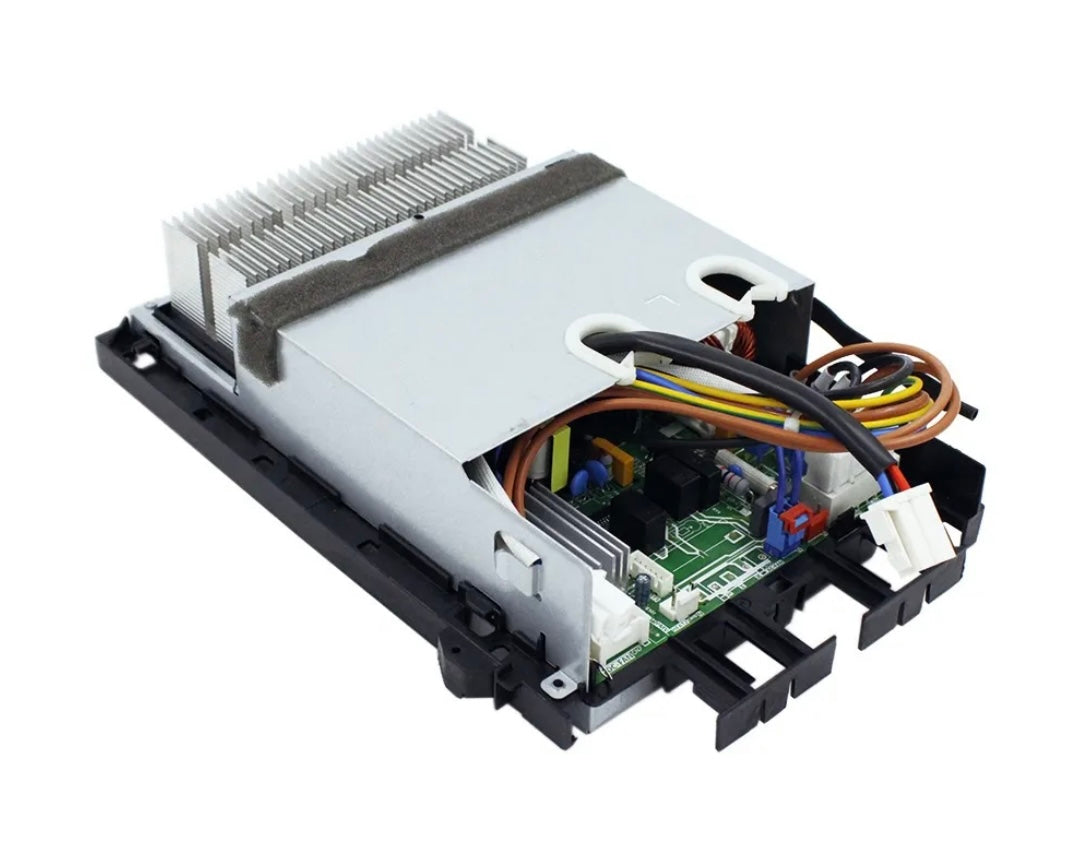 Angled view of MRCOOL OEM electronic control box subassembly, part 17222000035476, for DIY-12-HP-C-115B 12,000 BTU 115V ductless mini split heat pump outdoor condenser, showing aluminum heat sink, metal housing, circuit board, and wiring connectors.
