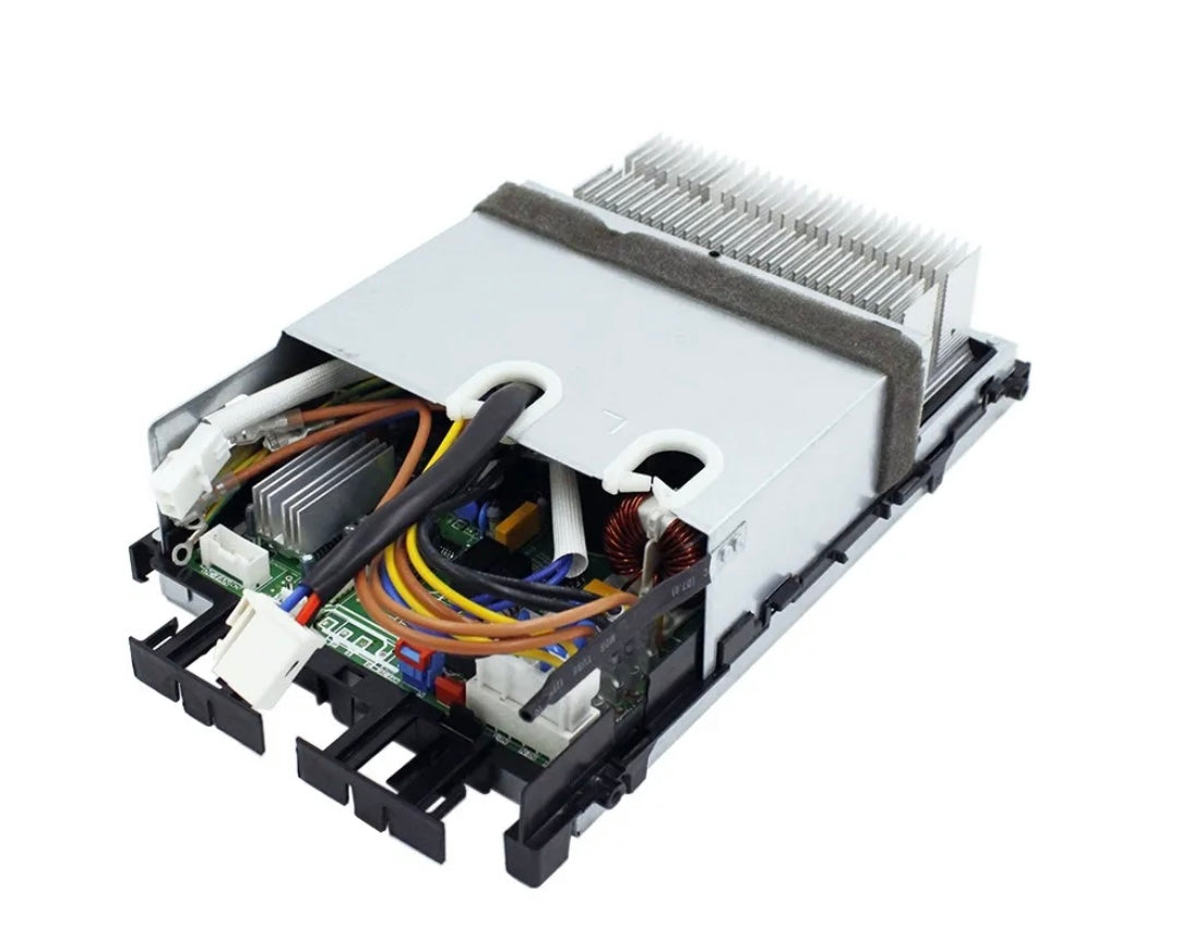 Front angled view of MRCOOL OEM electronic control box subassembly, part 17222000035476, for DIY-12-HP-C-115B 12,000 BTU 115V ductless mini split heat pump outdoor condenser, showing circuit board, wiring connectors, metal housing, and aluminum heat sink.