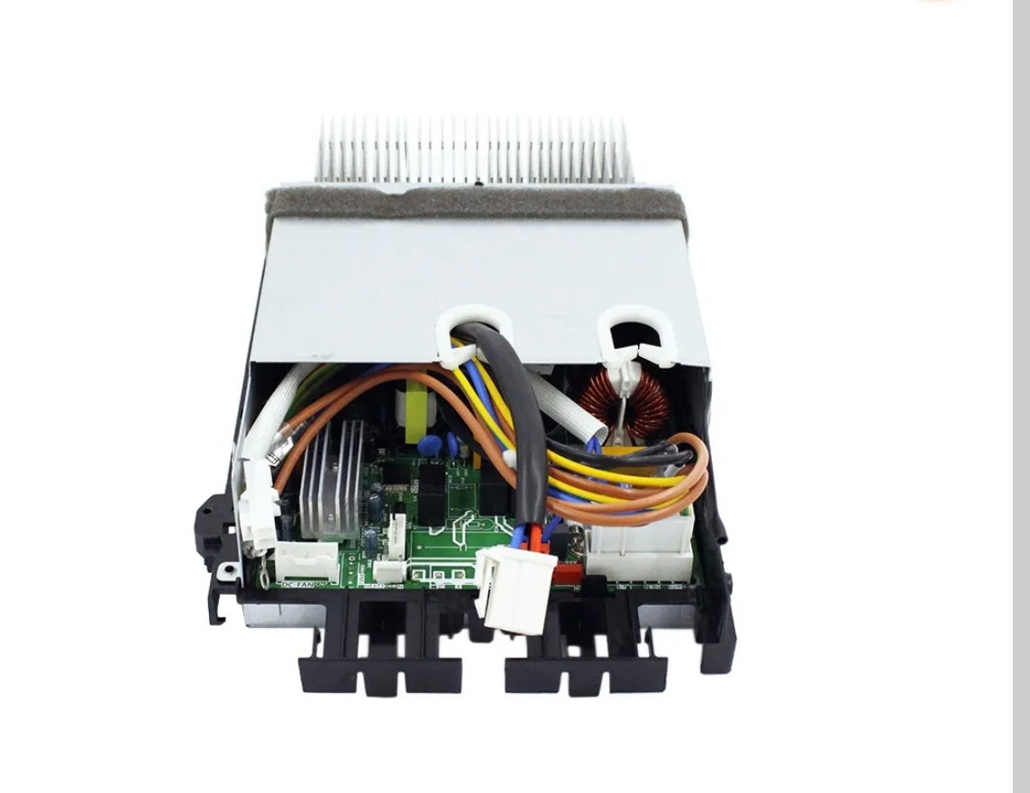 Front view of MRCOOL OEM electronic control box subassembly, part 17222000035476, for DIY-12-HP-C-115B 12,000 BTU 115V ductless mini split heat pump outdoor condenser, showing circuit board, wiring connectors, metal housing, and aluminum heat sink.