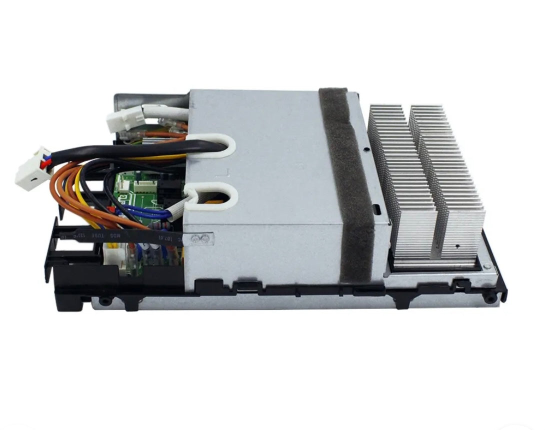 Opposite side view of MRCOOL OEM electronic control box subassembly, part 17222000035476, for DIY-12-HP-C-115B 12,000 BTU 115V ductless mini split heat pump outdoor condenser, showing metal protective housing, aluminum heat sink, circuit board, and wiring connections.