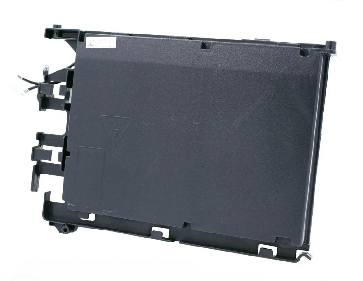Bottom panel view of MRCOOL OEM control board, part 17222000039290, for DIY-12-HP-C-115C25 12,000 BTU 115V ductless mini split heat pump condenser, showing black protective housing, electrical warning symbol, and mounting brackets.