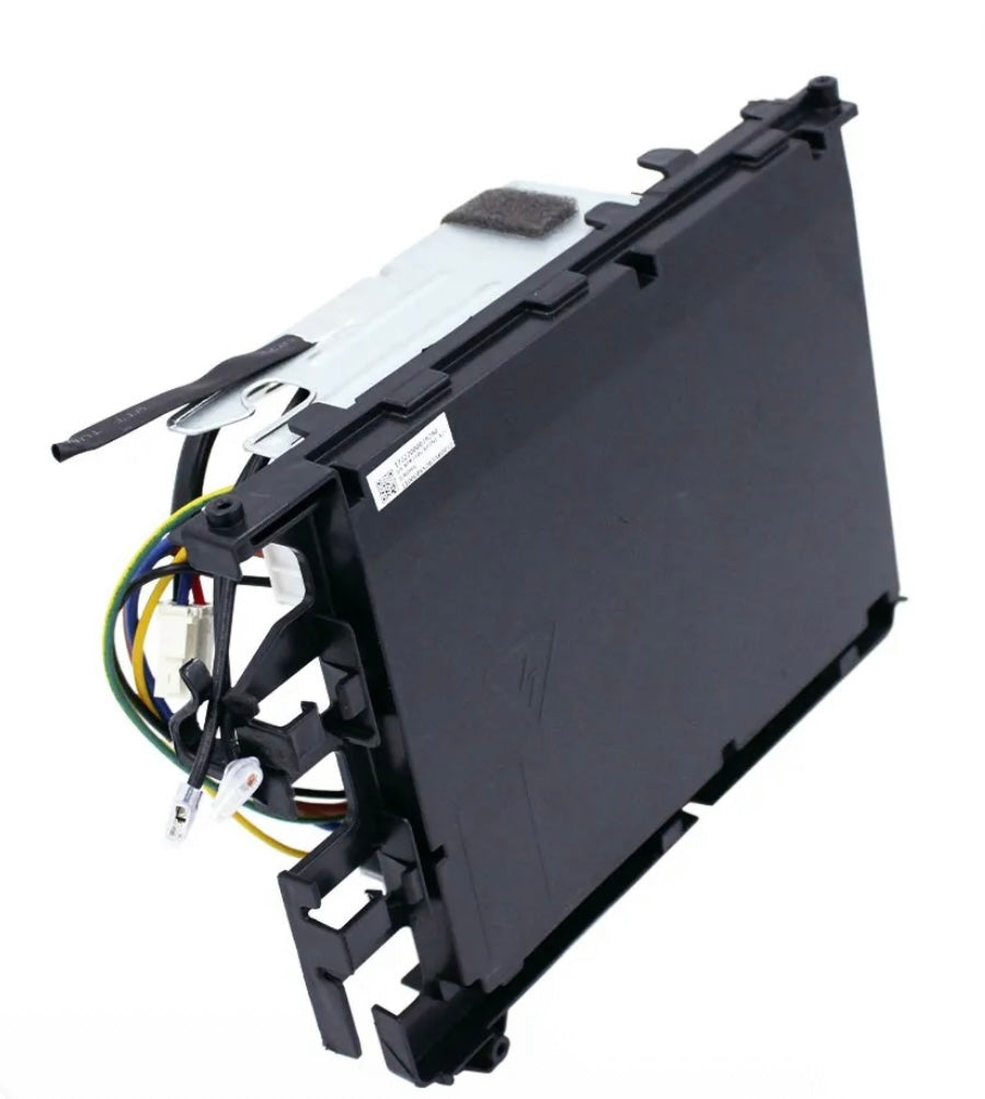 Bottom angled view of MRCOOL OEM control board, part 17222000039290, for DIY-12-HP-C-115C25 12,000 BTU 115V ductless mini split heat pump condenser, showing black protective base, mounting brackets, and wiring connections.