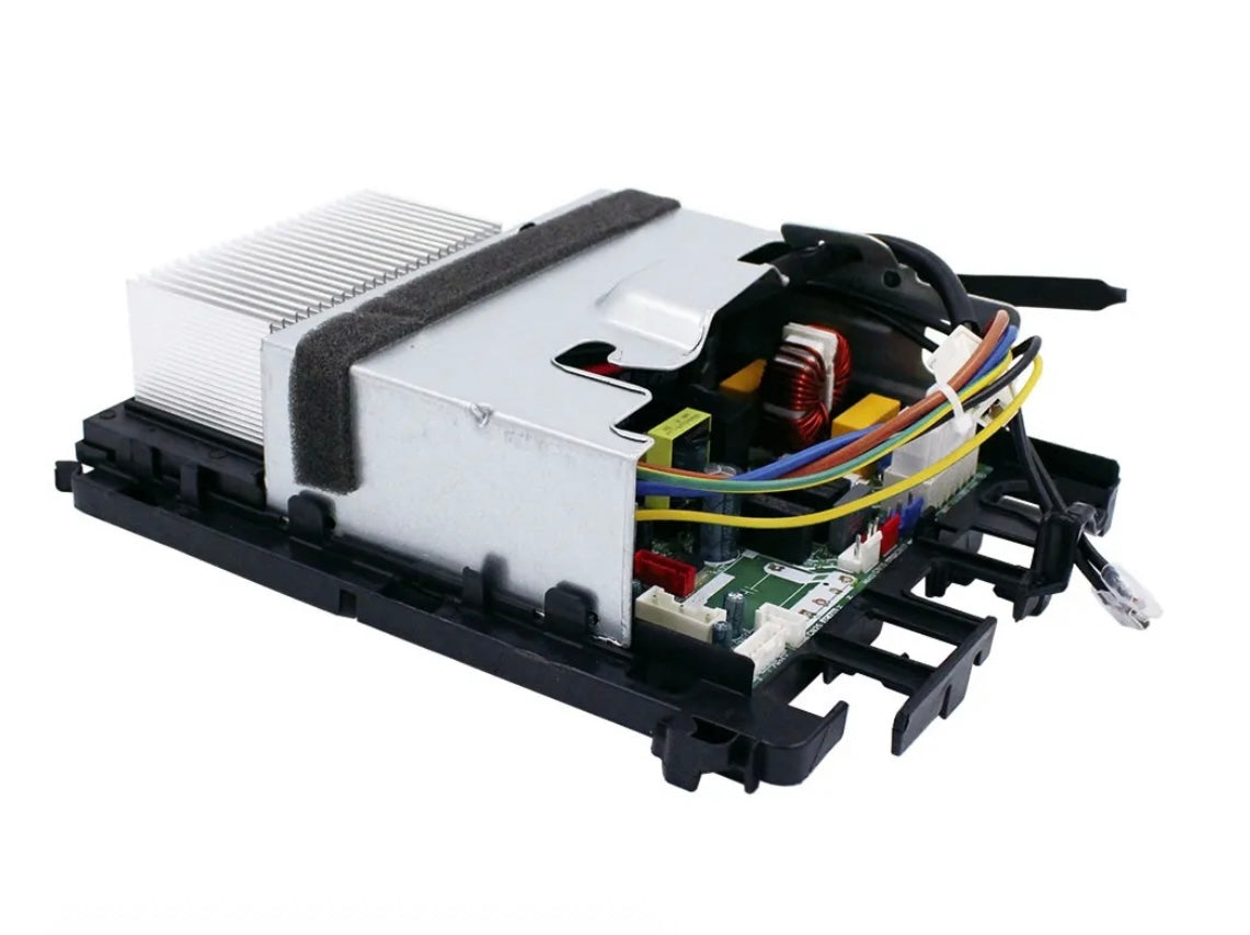 Opposite side view of MRCOOL OEM control board, part 17222000039290, for DIY-12-HP-C-115C25 12,000 BTU 115V ductless mini split heat pump condenser, showing aluminum heat sink, metal housing, circuit board, and wiring connectors.