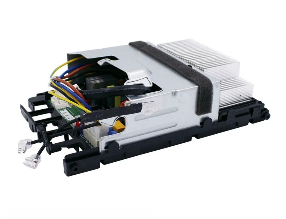 Side view of MRCOOL OEM control board, part 17222000039290, for DIY-12-HP-C-115C25 12,000 BTU 115V ductless mini split heat pump condenser, showing metal housing, aluminum heat sink, and wiring connections.