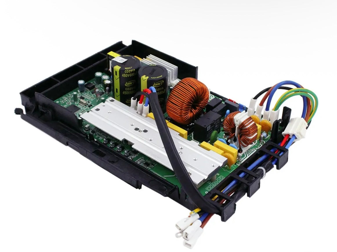 Angled view of MRCOOL electronic control box subassembly, OEM part 17222000029838, for DIY-18-HP-C-230B 18,000 BTU 4th Generation mini split heat pump condenser, showing circuit board, copper coils, capacitors, aluminum heat sink, and wiring connectors.