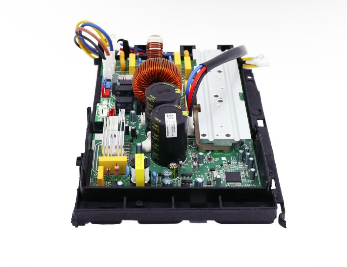 Front view of MRCOOL electronic control box subassembly, OEM part 17222000029838, for DIY-18-HP-C-230B 18,000 BTU 4th Generation mini split heat pump condenser, showing circuit board, capacitors, copper coils, heat sinks, and wiring connections.