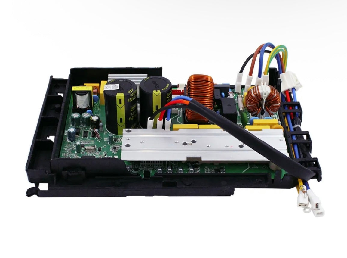 Side view of MRCOOL electronic control box subassembly, OEM part 17222000029838, for DIY-18-HP-C-230B 18,000 BTU 4th Generation mini split heat pump condenser, showing circuit board, capacitors, copper coils, aluminum heat sink, and wiring connectors.