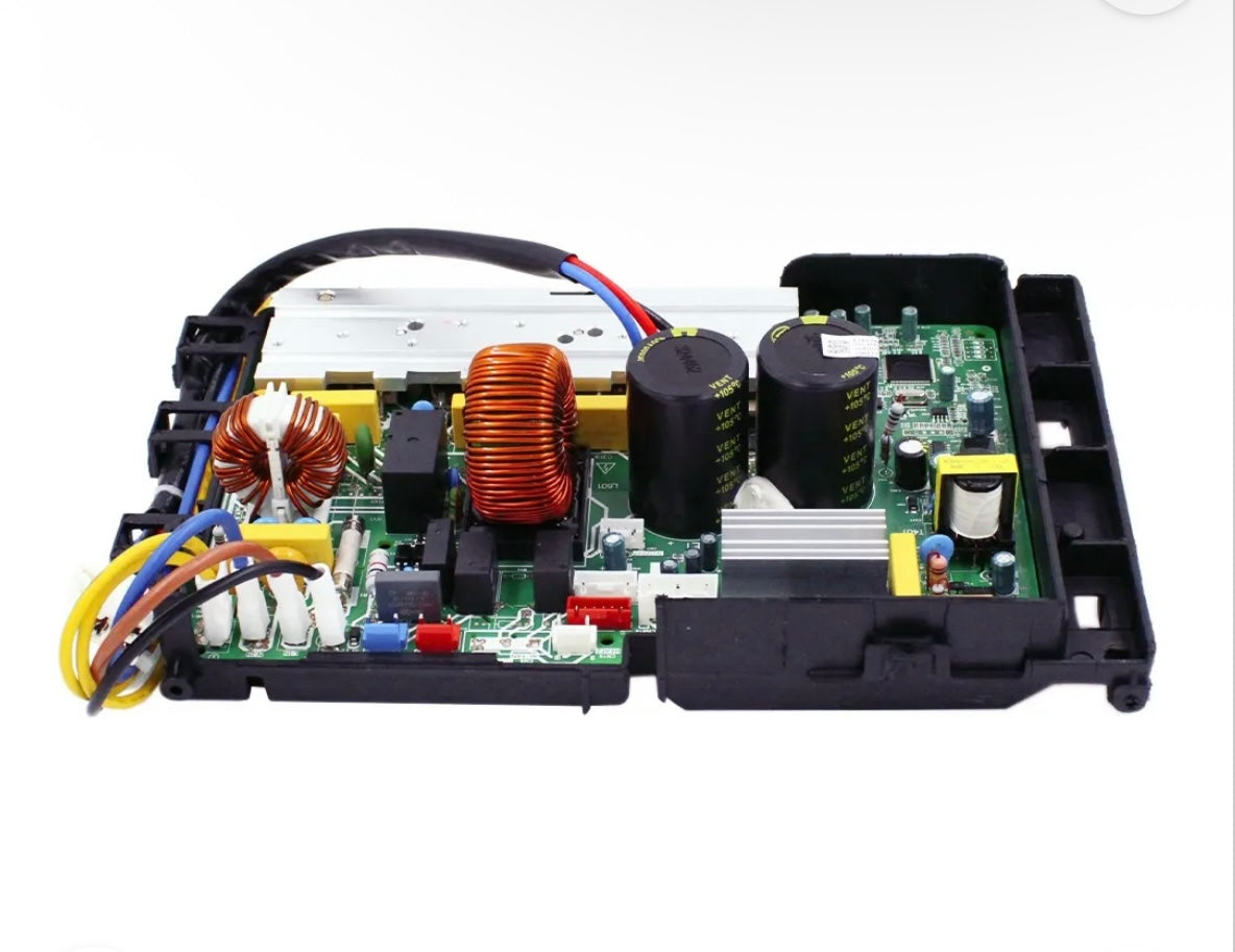 Internal view of MRCOOL electronic control box subassembly, OEM part 17222000029838, for DIY-18-HP-C-230B 18,000 BTU 4th Generation mini split heat pump condenser, showing circuit board, capacitors, copper coils, and wiring connections.