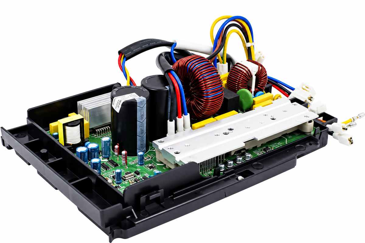 Front view of MRCOOL control board sub-assembly for DIY-24-HP-C-230B 24,000 BTU ductless mini split heat pump outdoor condenser, showing electrical components, capacitors, wiring, and heat sinks.