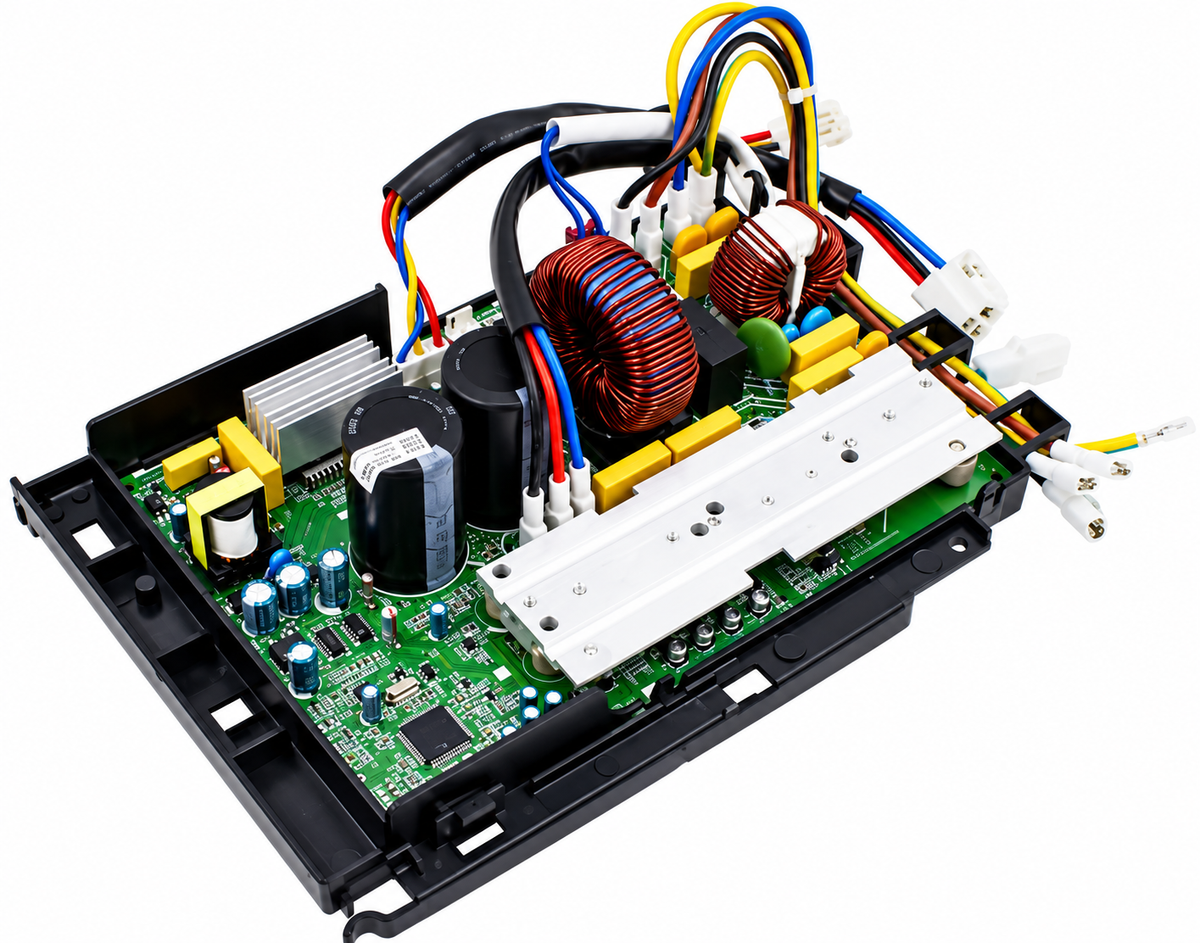 Side view of MRCOOL control board sub-assembly replacement part for DIY-24-HP-C-230B 24,000 BTU ductless mini split heat pump outdoor condenser.
