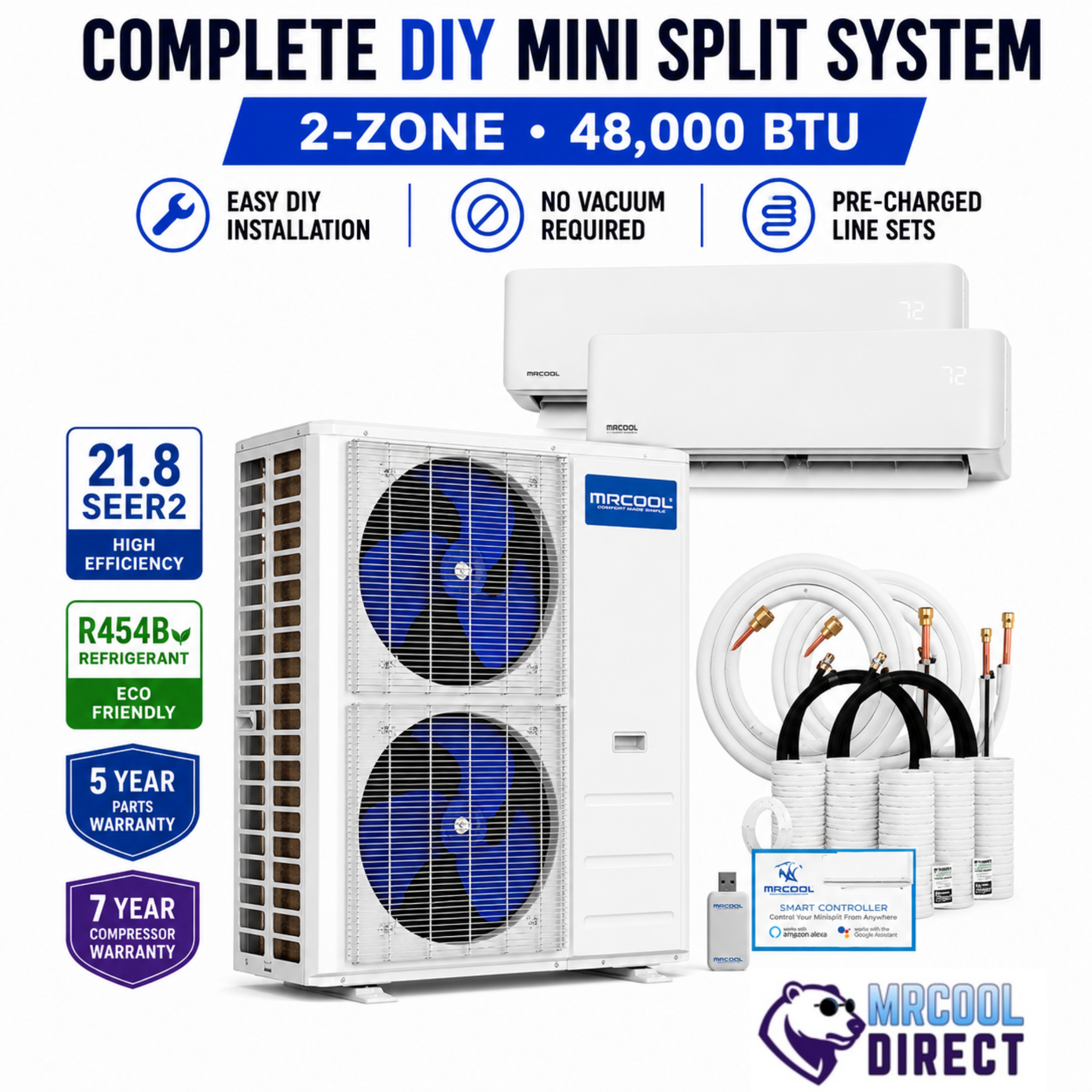 MRCOOL DIY 48,000 BTU 2-zone complete mini split system with dual fan condenser, two wall mount air handlers, pre-charged line sets, smart controller, 21.8 SEER2 efficiency, R454B refrigerant, and DIY installation kit.