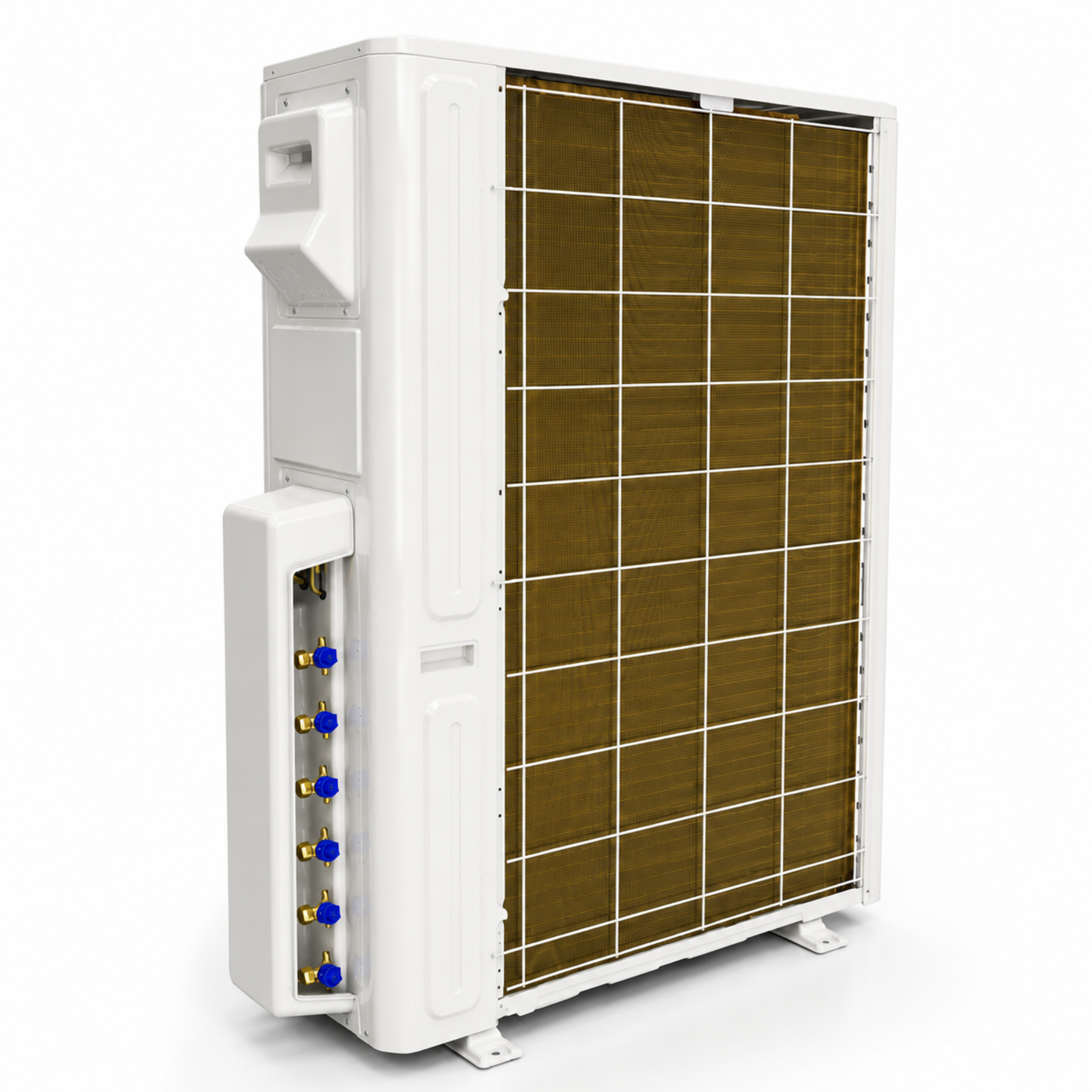 Rear connection side view of the MRCOOL DIY 55,000 BTU 6-zone outdoor condenser showing multi-zone line set connection ports, coil guard, and high-efficiency heat pump cabinet for DIY mini split installations.