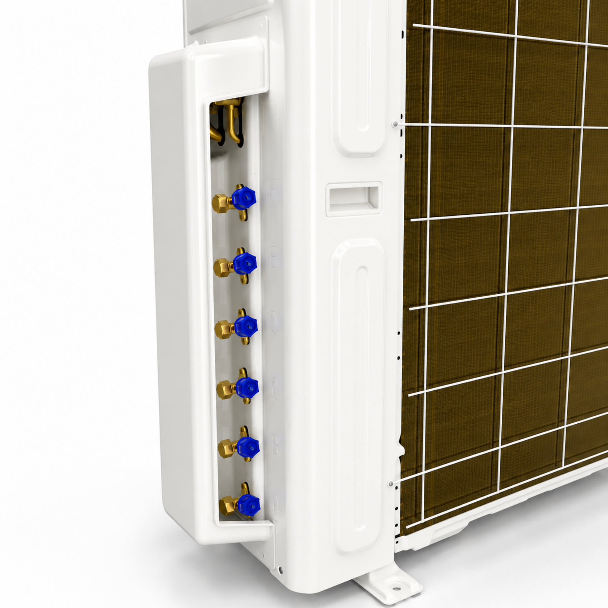 Close-up of MRCOOL DIY 55,000 BTU 6-zone outdoor condenser connection ports with blue protective caps for pre-charged line set installation on a multi-zone mini split heat pump system.