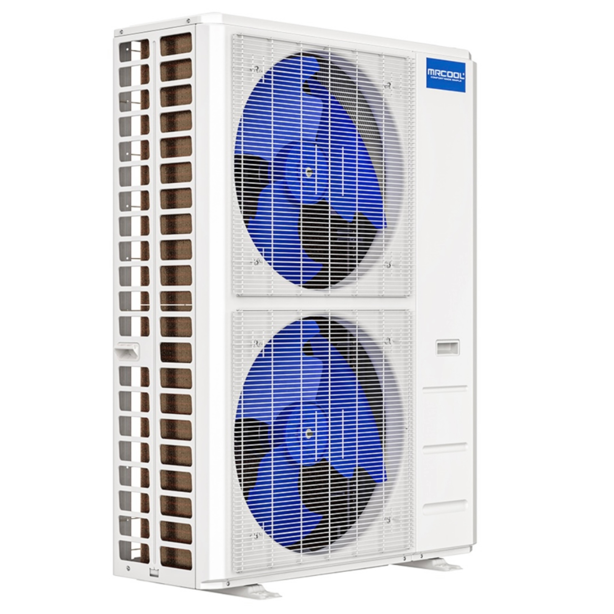 Angled view of the MRCOOL DIY 55,000 BTU 6-zone outdoor condenser featuring dual inverter fan design, high-efficiency heat pump technology, and support for multi-zone DIY mini split heating and cooling installations with R-454B refrigerant.