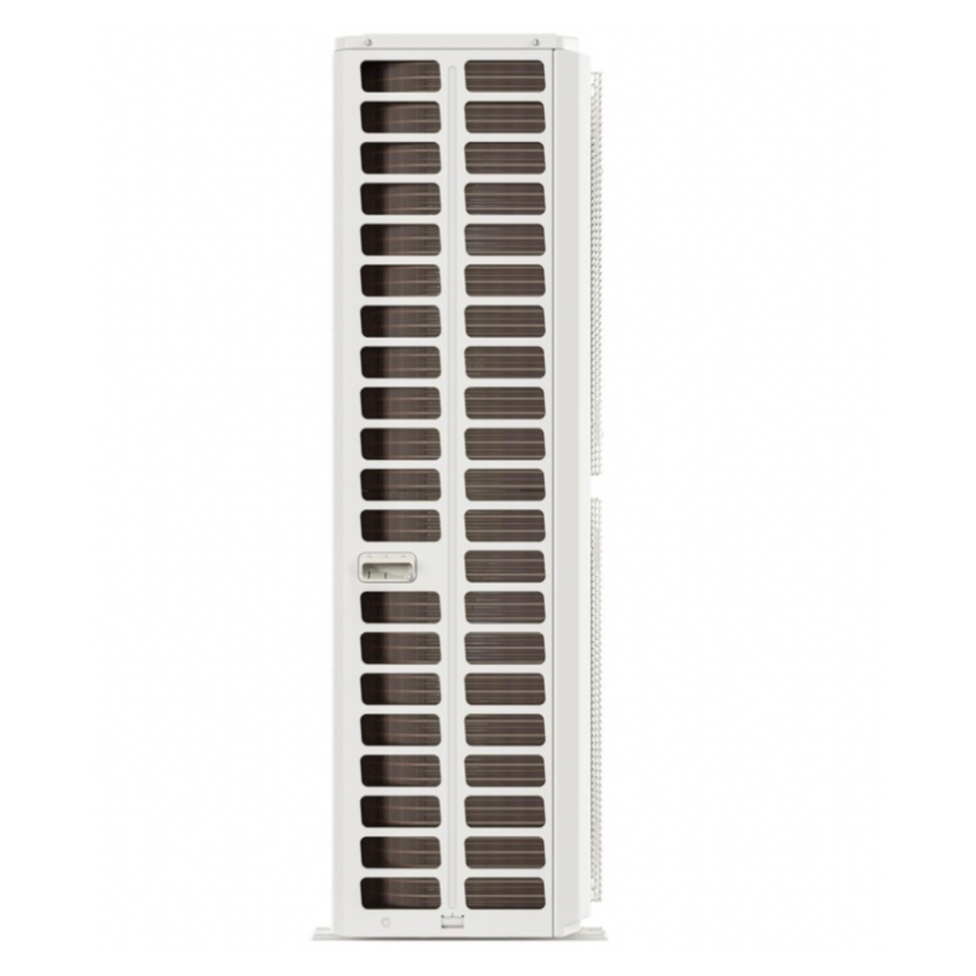 Side profile view of the MRCOOL DIY 55,000 BTU 6-zone outdoor condenser showing heavy-duty coil construction, high-efficiency airflow design, and multi-zone heat pump condenser cabinet for DIY mini split HVAC installations.