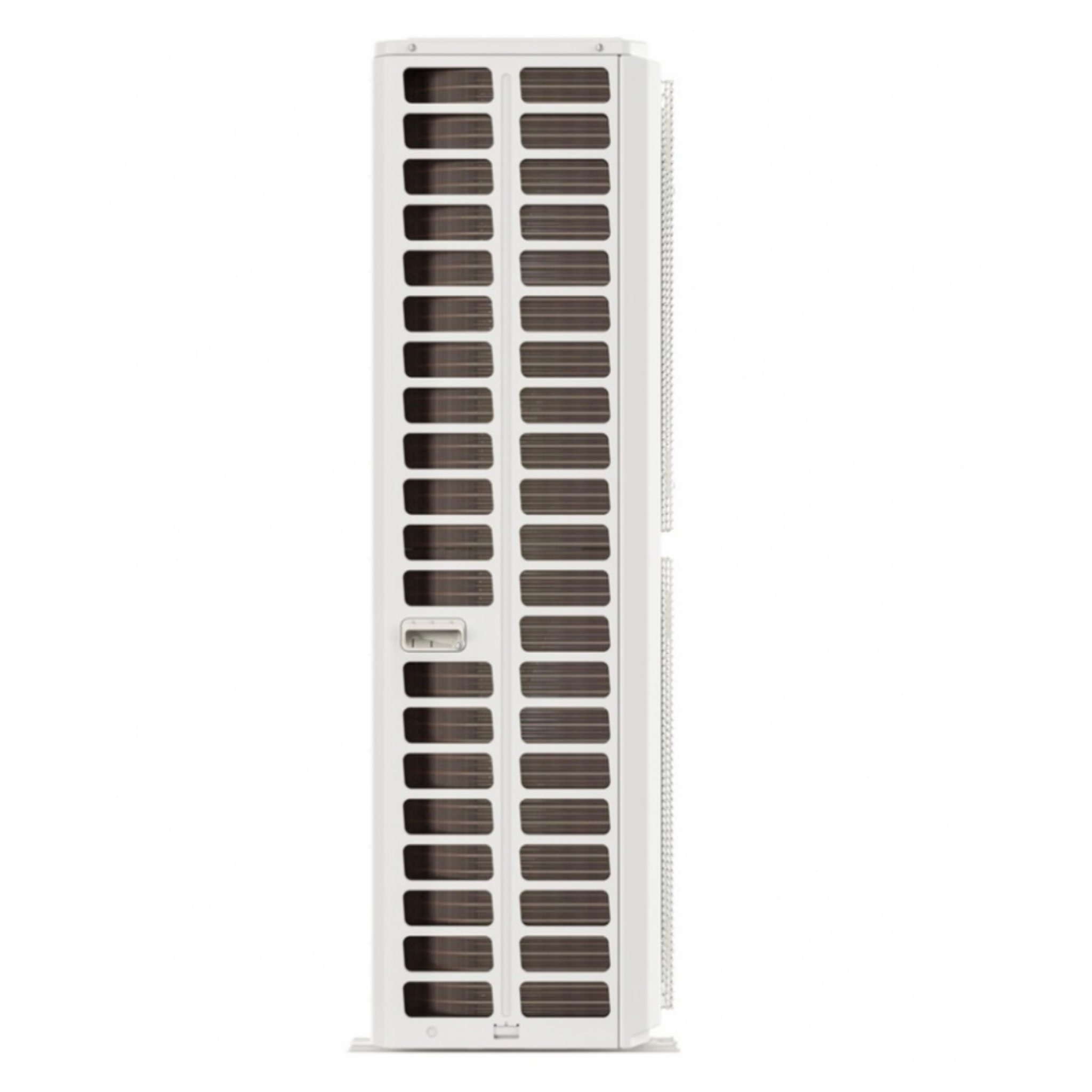 Side profile view of the MRCOOL DIY 55,000 BTU 6-zone outdoor condenser showing heavy-duty coil construction, high-efficiency airflow design, and multi-zone heat pump condenser cabinet for DIY mini split HVAC installations.